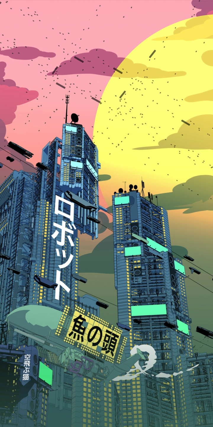 Download mobile wallpaper Sun, City, Skyscraper, Building, Sci Fi, Japanese, Futuristic for free.