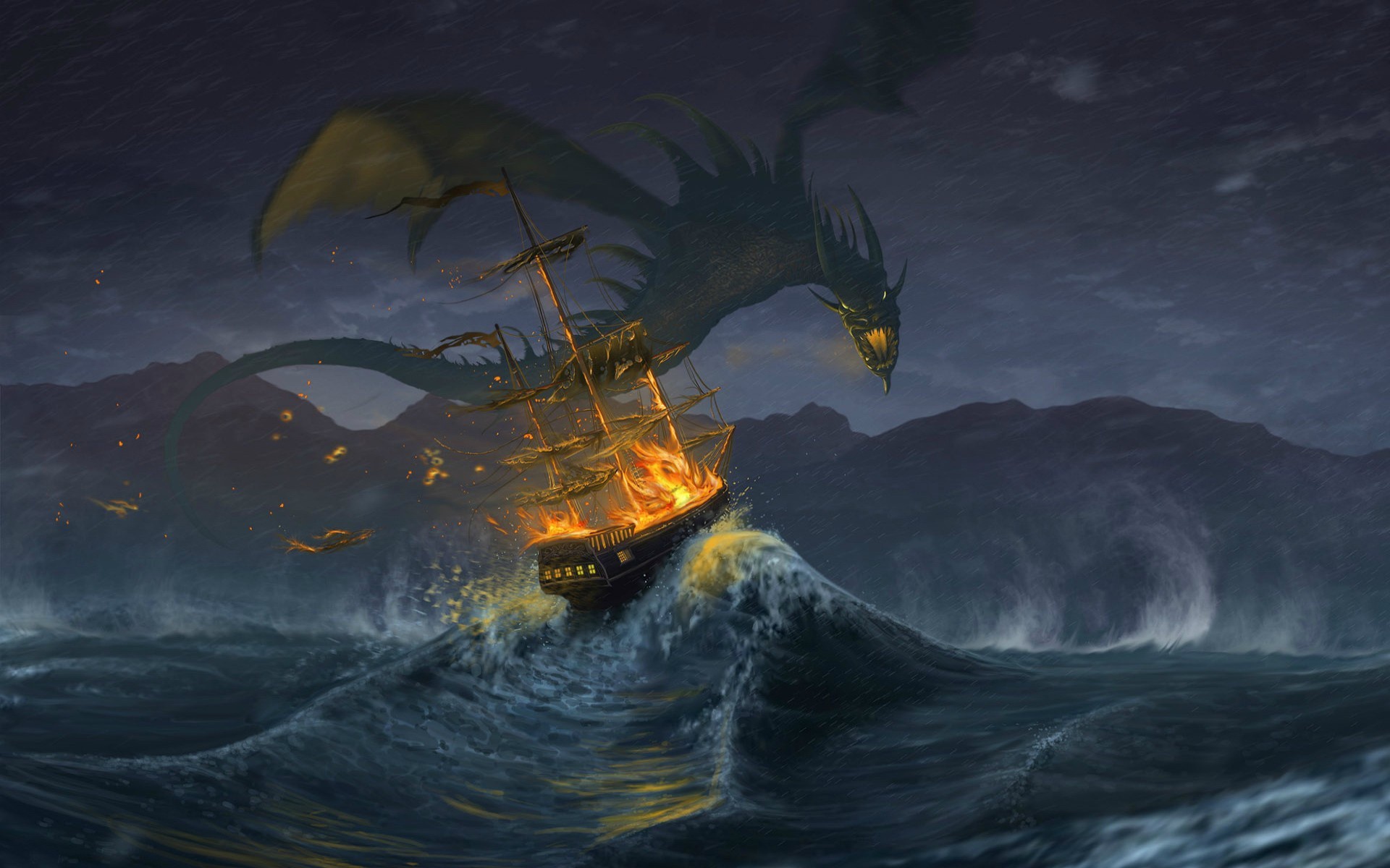 Download mobile wallpaper Fantasy, Dragon, Beast, Ship, Wave, Monster for free.