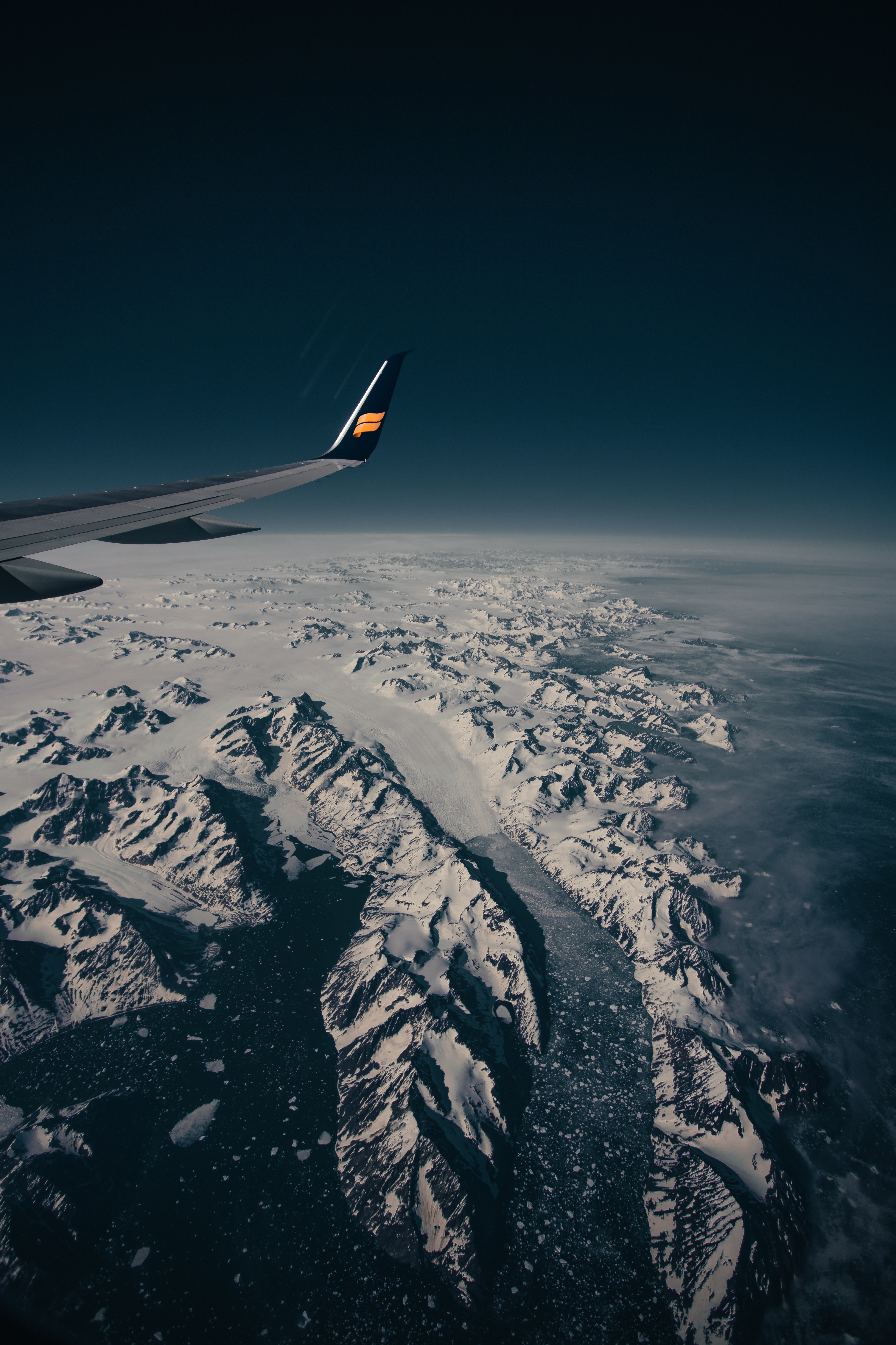 airplane wing, mountains, nature, view from above, flight, snow covered, snowbound, wing of the plane