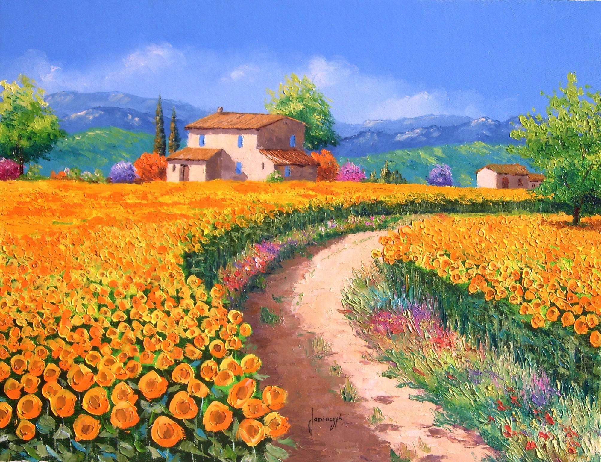 Free download wallpaper Italy, Flower, House, Field, Painting, Artistic on your PC desktop