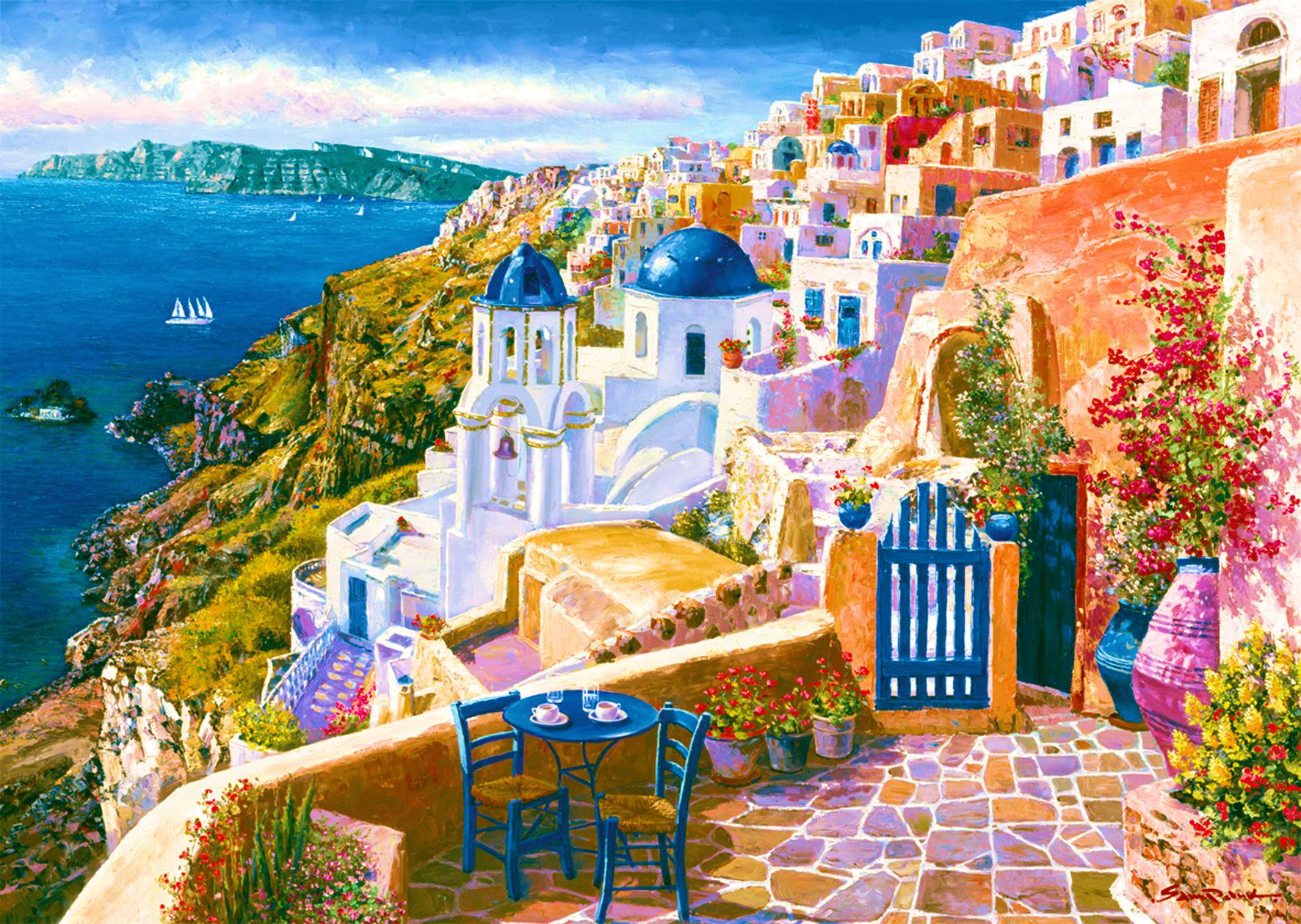Скачать обои бесплатно Дом, Цвета, Картина, Греция, Санторини, Художественные картинка на рабочий стол ПК