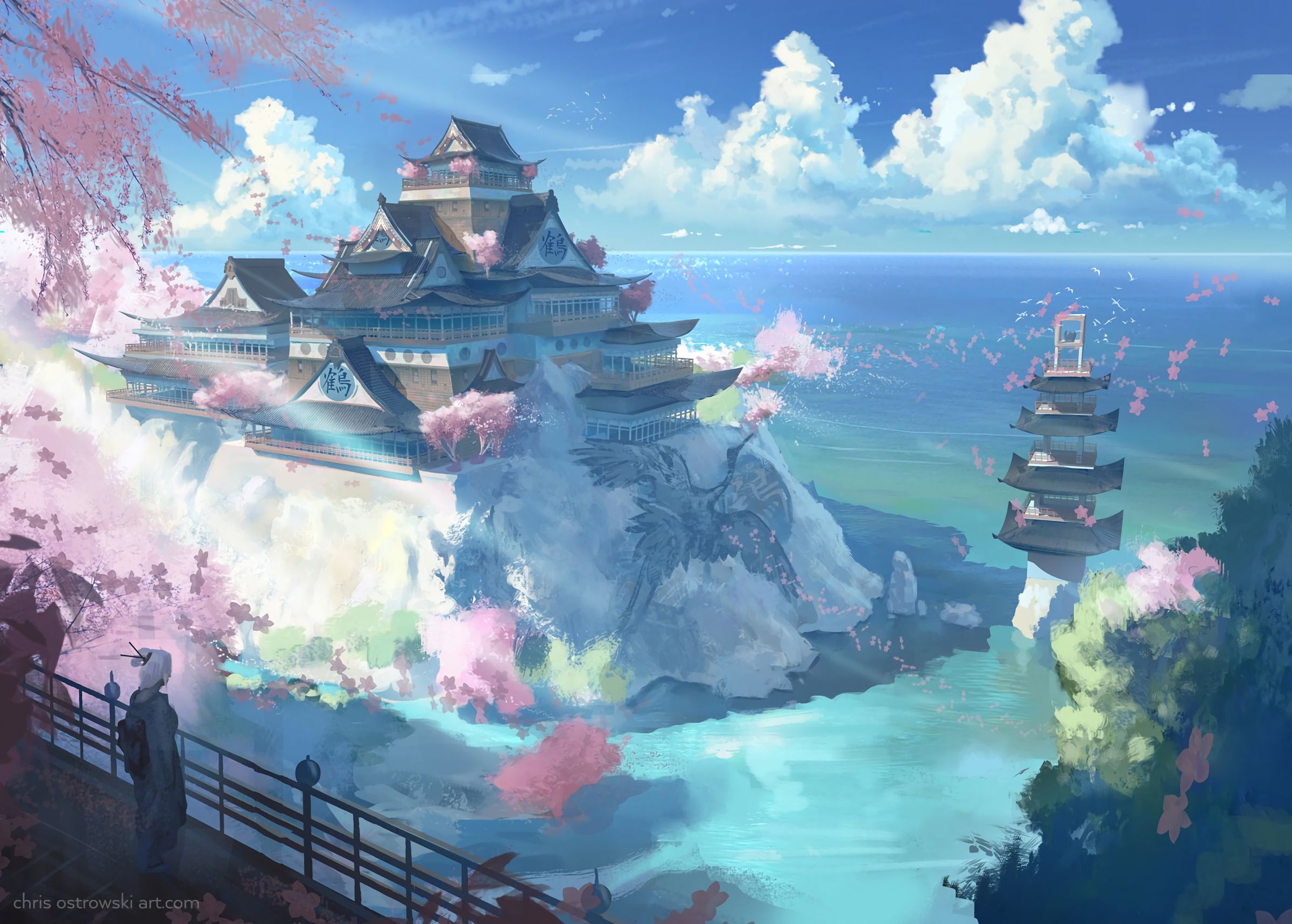 692044 скачать обои море, вода, океан, облака, оригинал, аниме, замок, ландшафт, небо - заставки и картинки бесплатно