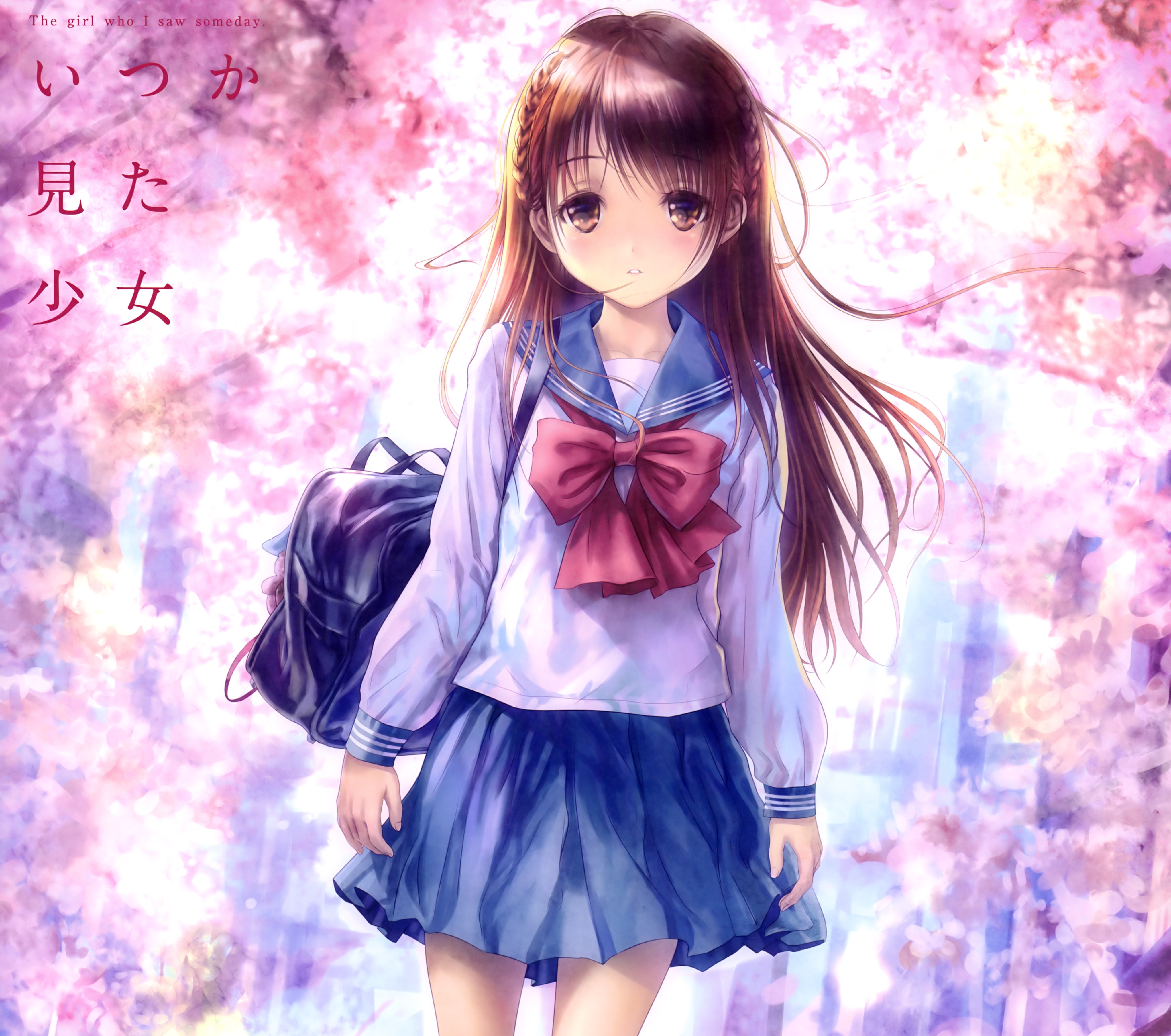 Download mobile wallpaper Anime, Bag, Cherry Blossom, Original, Blush, Brown Eyes, Long Hair, Brown Hair, Bow (Clothing) for free.