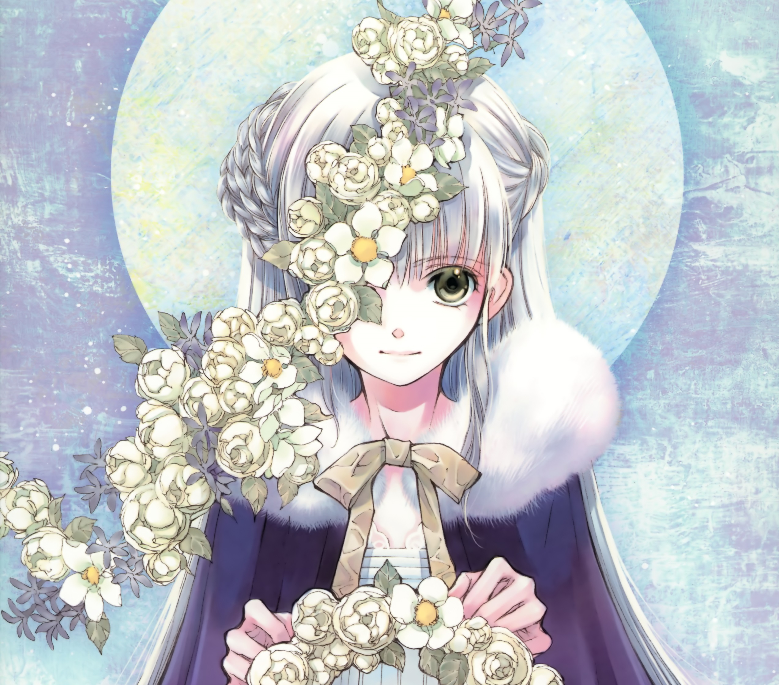 Free download wallpaper Anime, Flower, Bow, Wreath, Yellow Eyes, Original, Braid, Long Hair, White Hair on your PC desktop