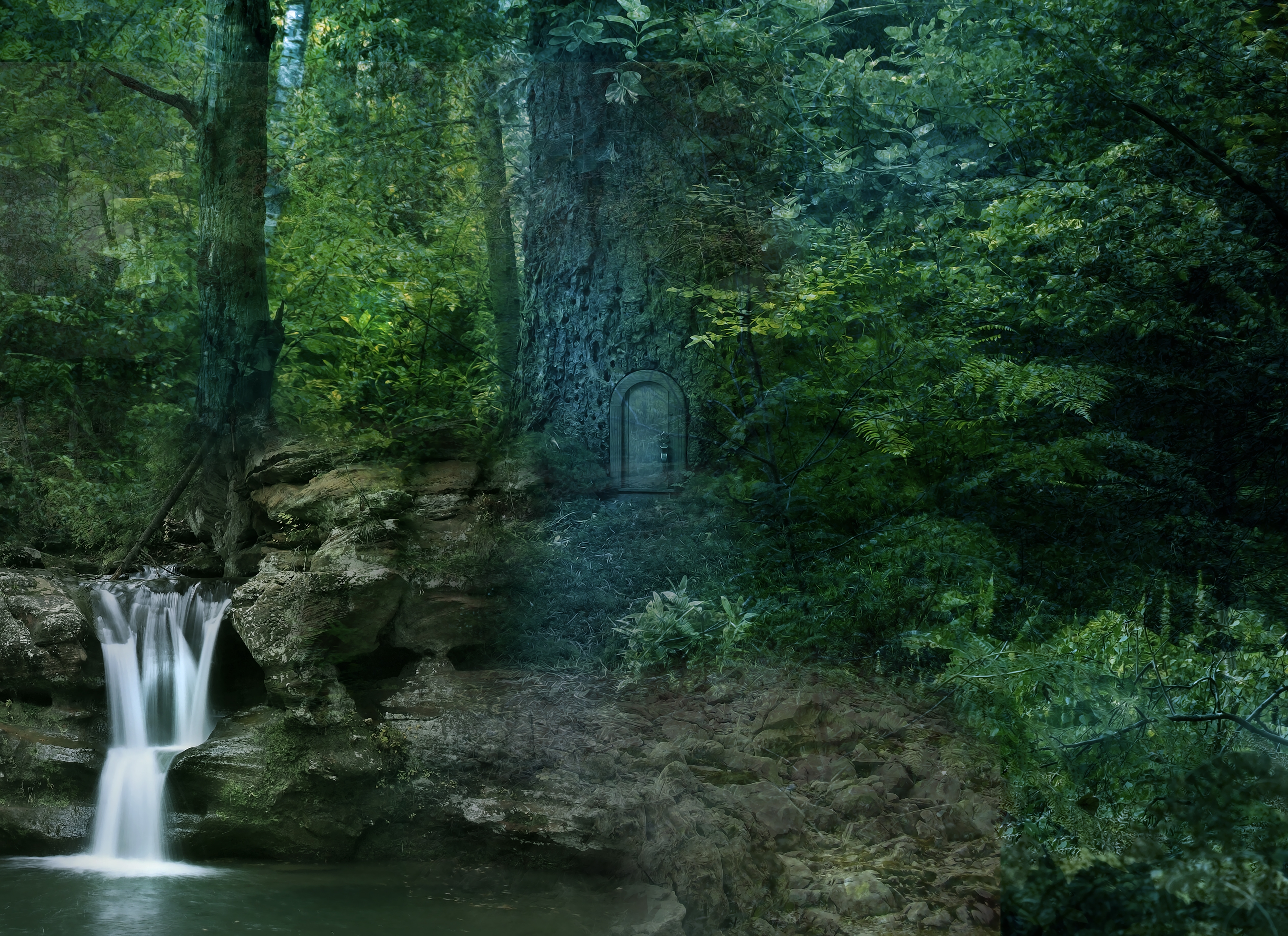 Скачать картинку Водопад, Природа, Деревья, Лес, Пейзаж в телефон бесплатно.