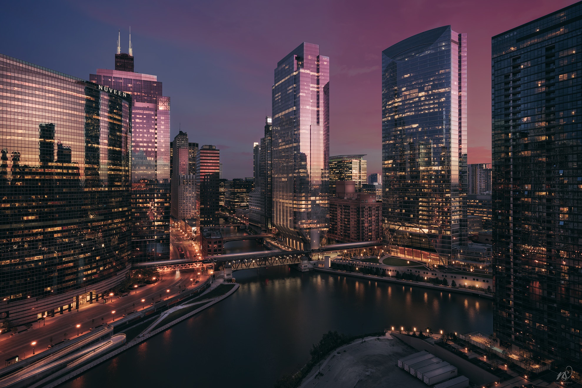 無料モバイル壁紙都市, 川, 街, 超高層ビル, 建物, シカゴ, 夜, アメリカ合衆国, マンメイドをダウンロードします。