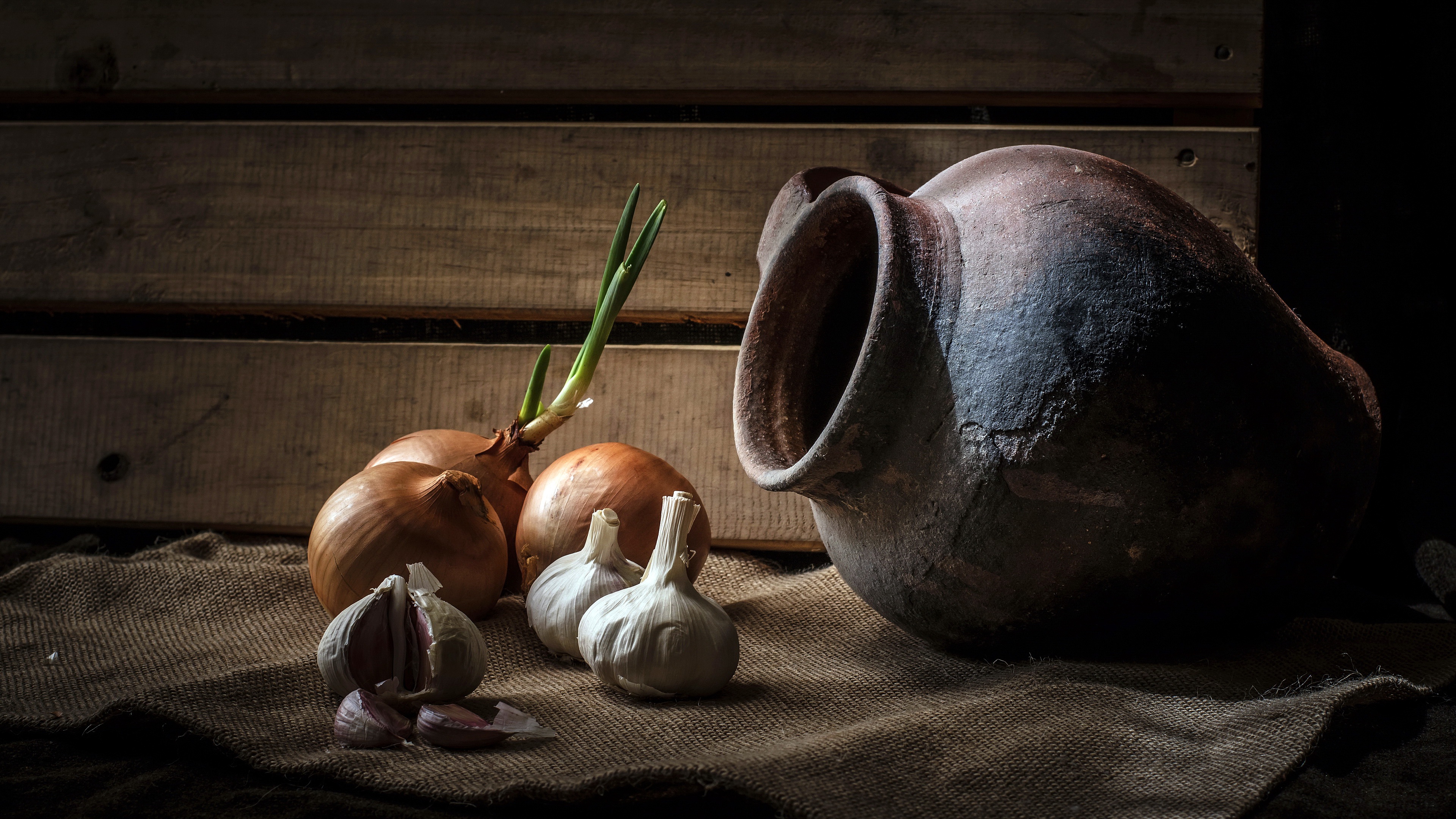 food, still life, garlic, jug, onion HD wallpaper