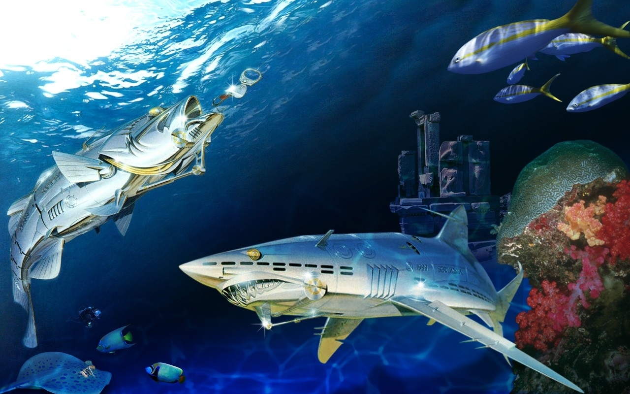 1462605 descargar fondo de pantalla ciencia ficción, robot, pez, arrecife, vida marina, tiburón: protectores de pantalla e imágenes gratis