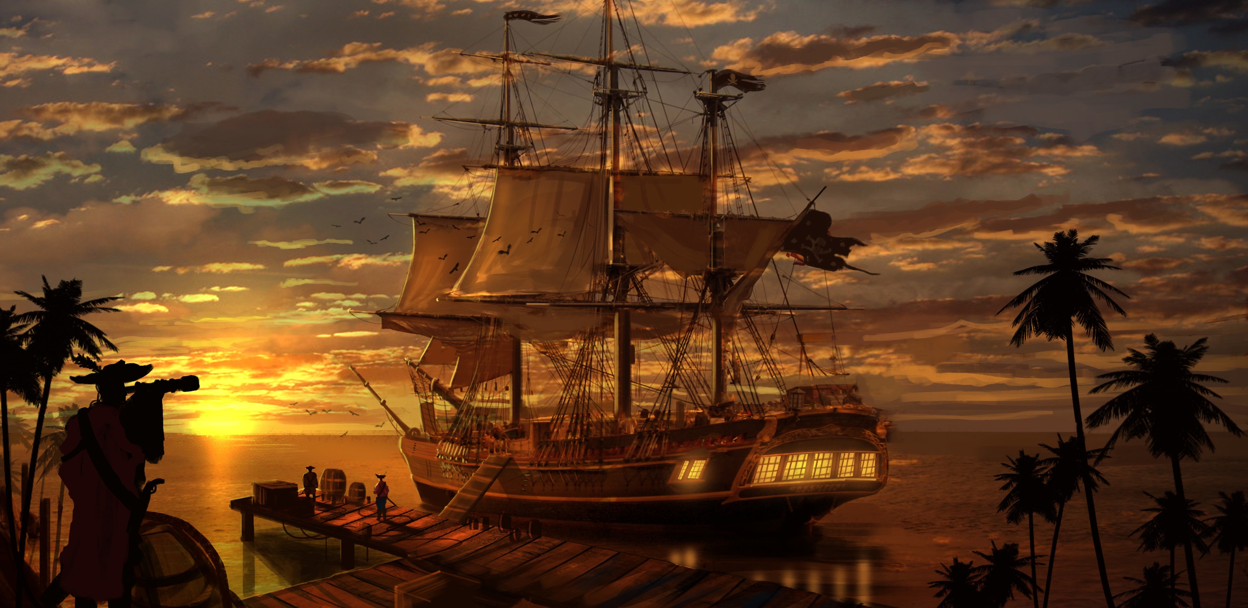 663745 завантажити картинку пірат, корабель, фантазія, док, пальма, пірс, піратський корабель, захід сонця - шпалери і заставки безкоштовно