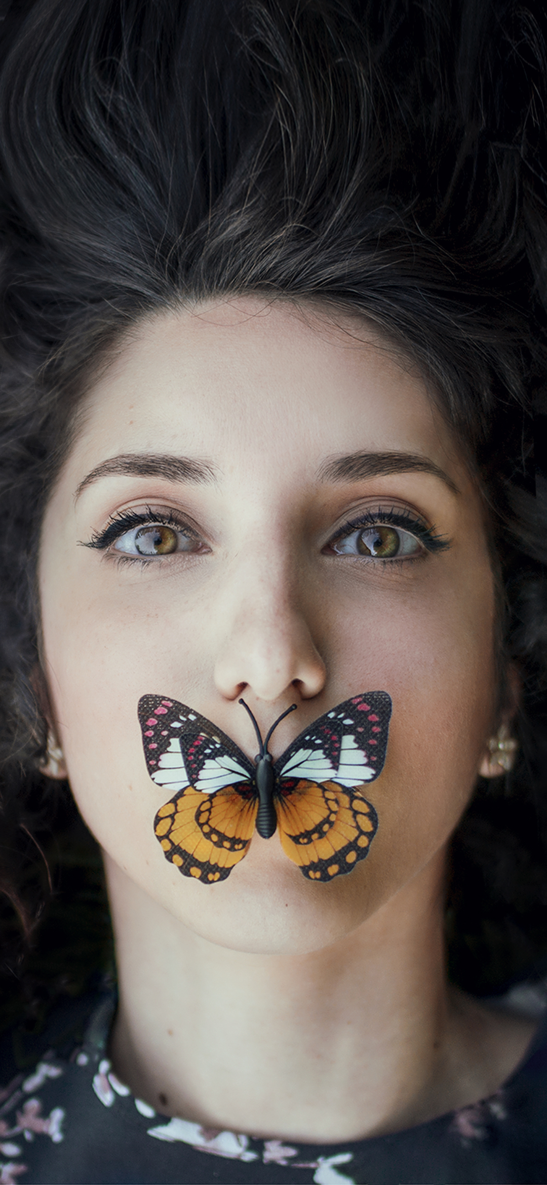 Download mobile wallpaper Butterfly, Face, Model, Women, Black Hair, Hazel Eyes for free.