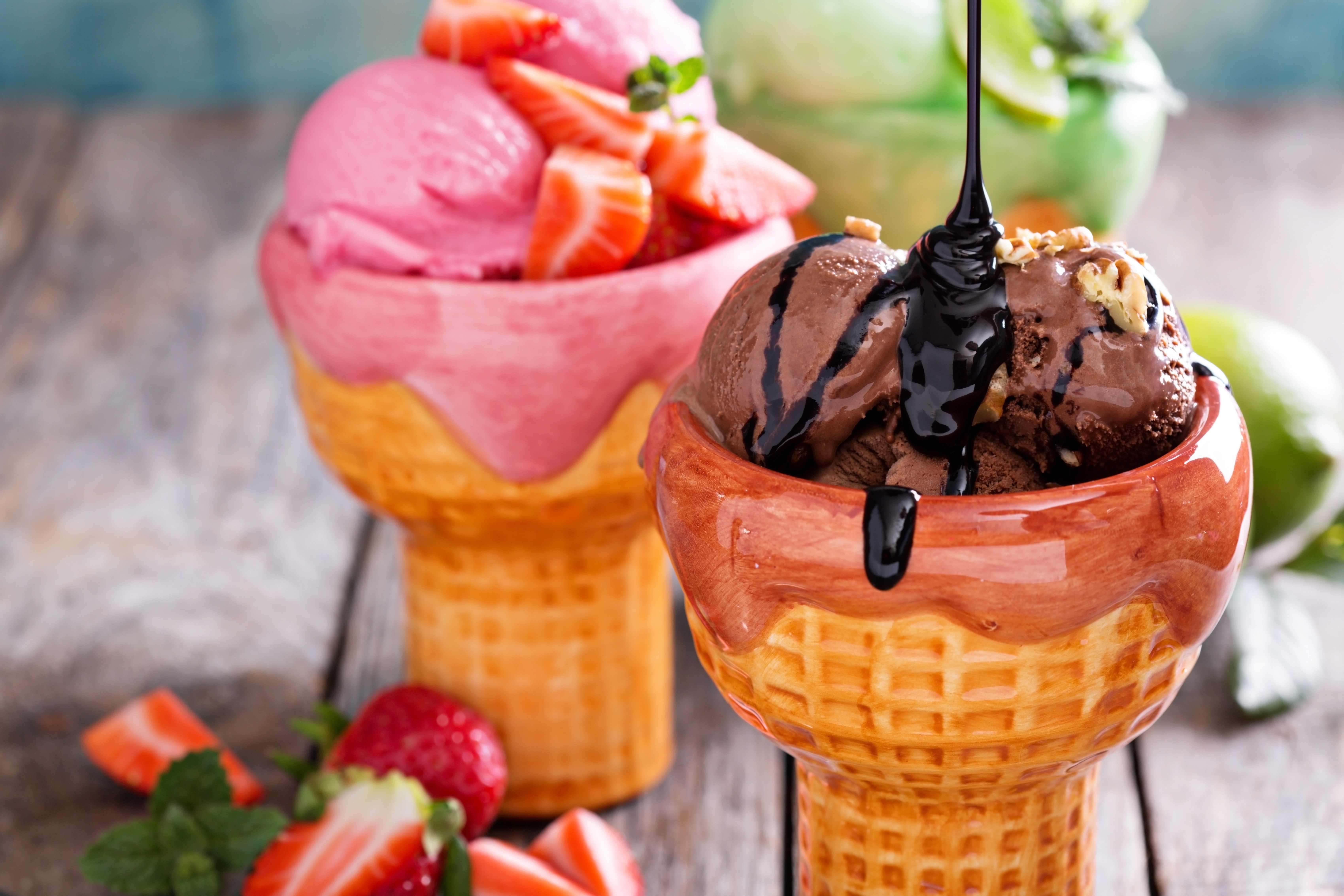 food, ice cream, chocolate, strawberry, sweets, waffle cone