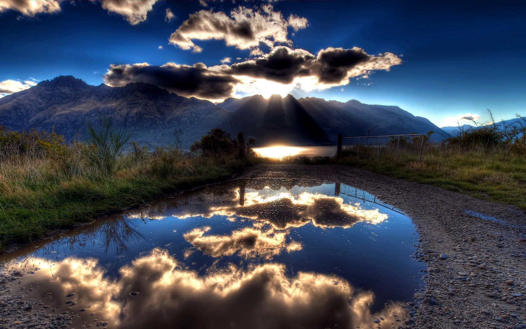 nature, sky, mountains, sun, clouds, lake, reflection, shine, light, shadows