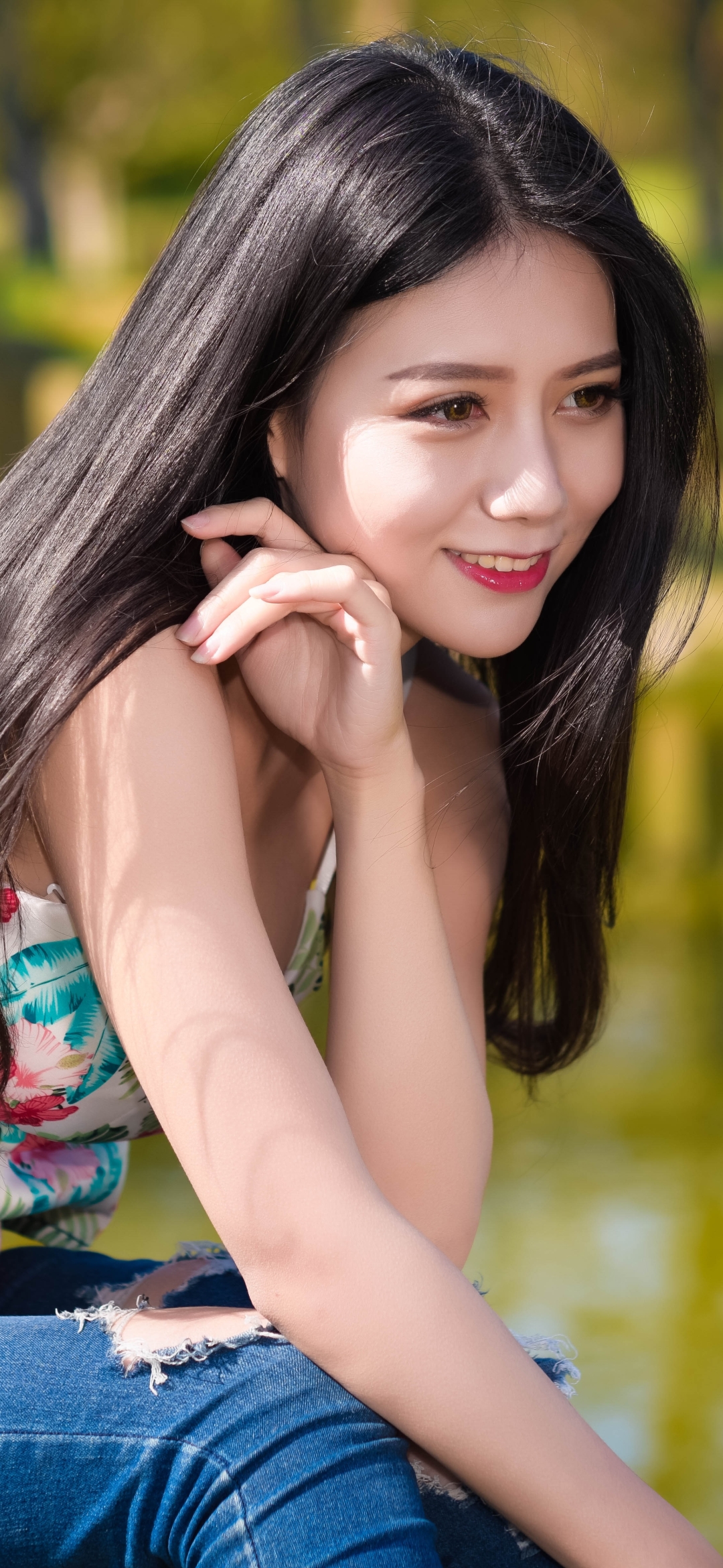 Download mobile wallpaper Smile, Model, Women, Asian, Black Hair, Long Hair for free.