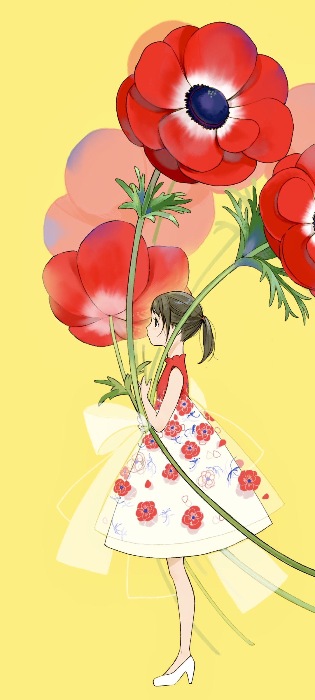 Download mobile wallpaper Anime, Flower, Poppy, Original, Black Hair, Short Hair, Bow (Clothing) for free.