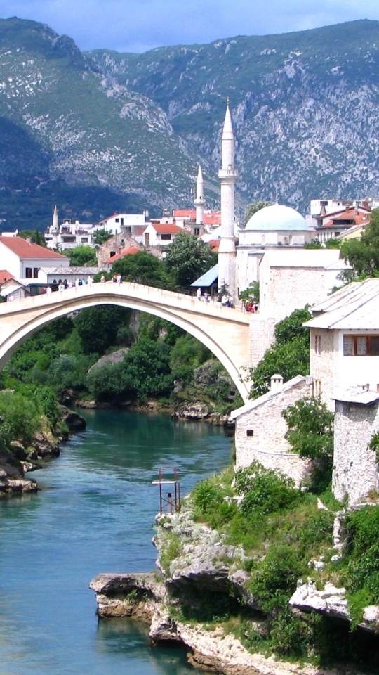Download mobile wallpaper Bridge, Mosque, Mostar, Man Made, Bosnia, Towns for free.