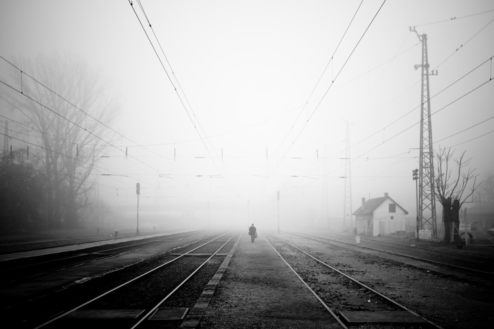 Download mobile wallpaper Evening, Chb, Fog, Railway, Bw, Loneliness, Miscellaneous, Miscellanea for free.