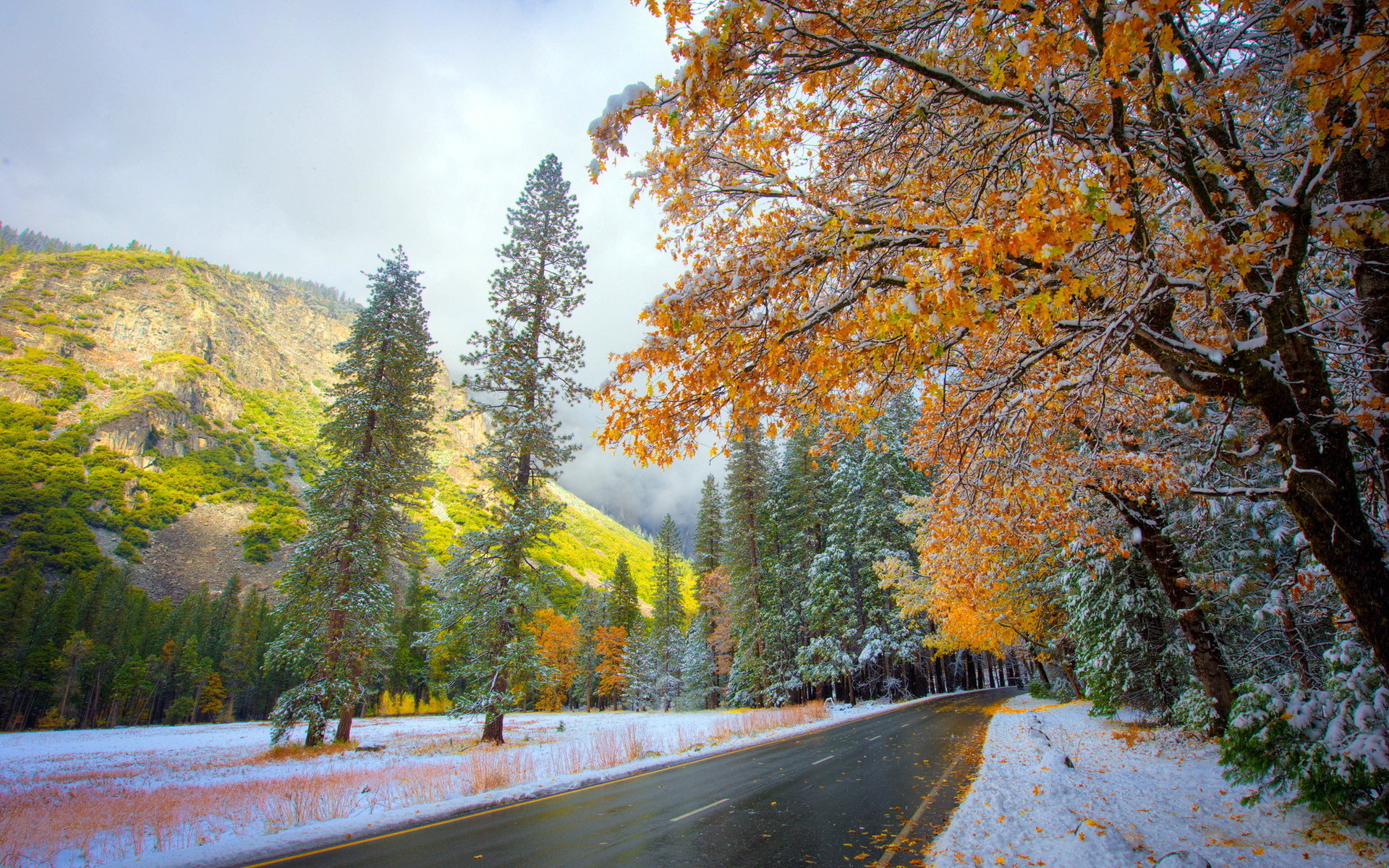 Free download wallpaper Landscape, Trees, Mountains, Autumn, Snow on your PC desktop