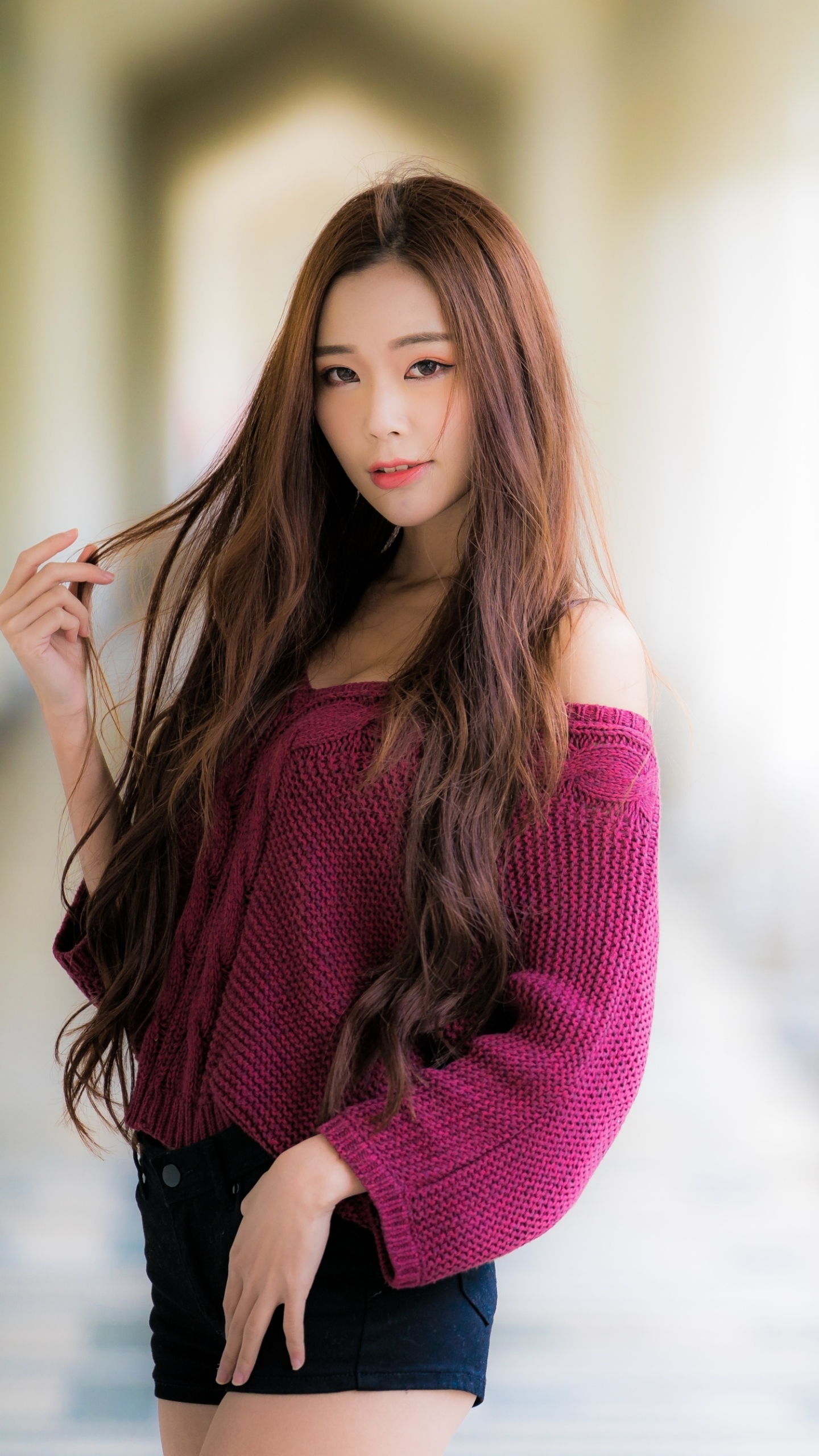 Download mobile wallpaper Brunette, Model, Women, Shorts, Asian, Long Hair, Depth Of Field for free.