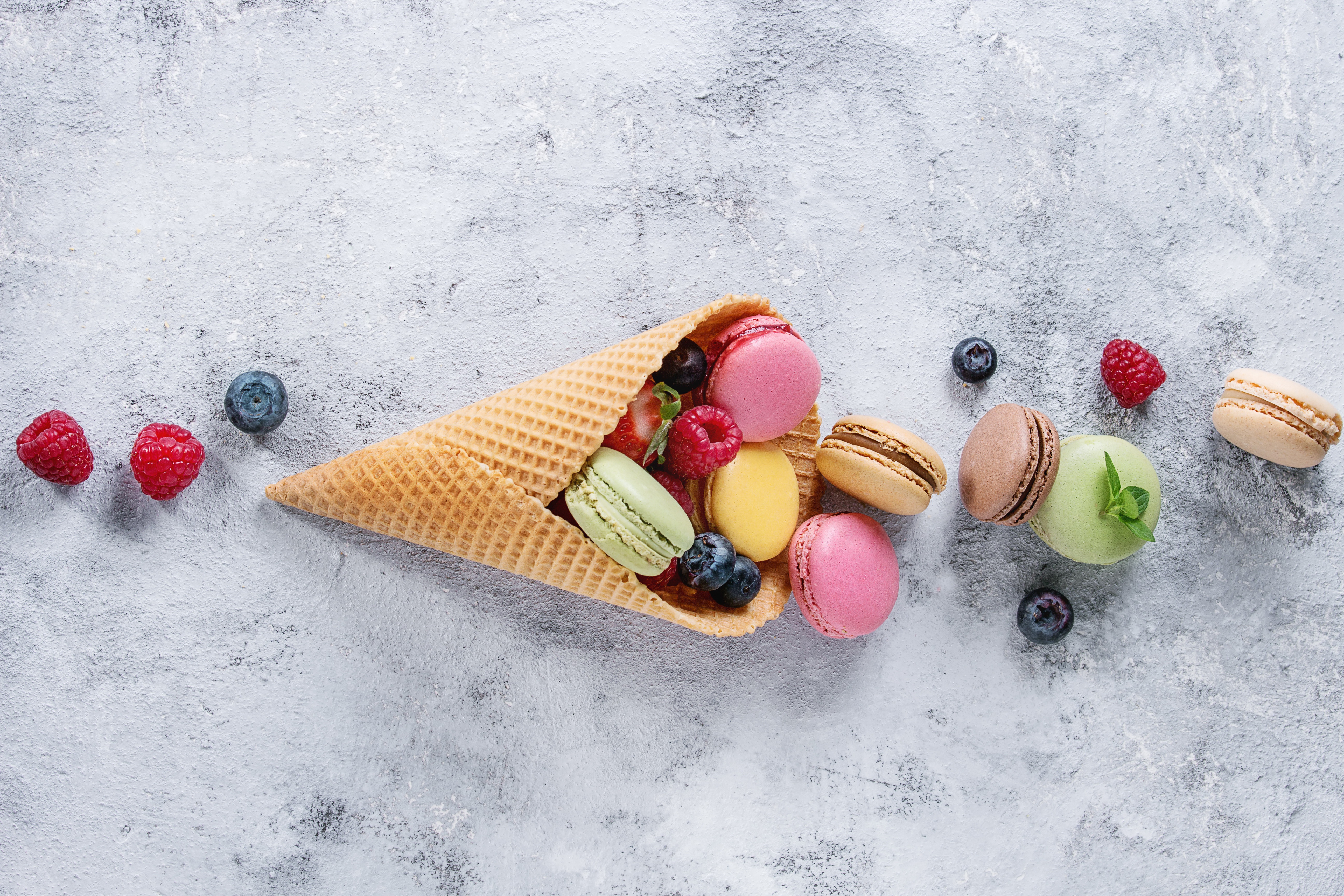 Download mobile wallpaper Food, Berry, Sweets, Macaron, Waffle Cone for free.