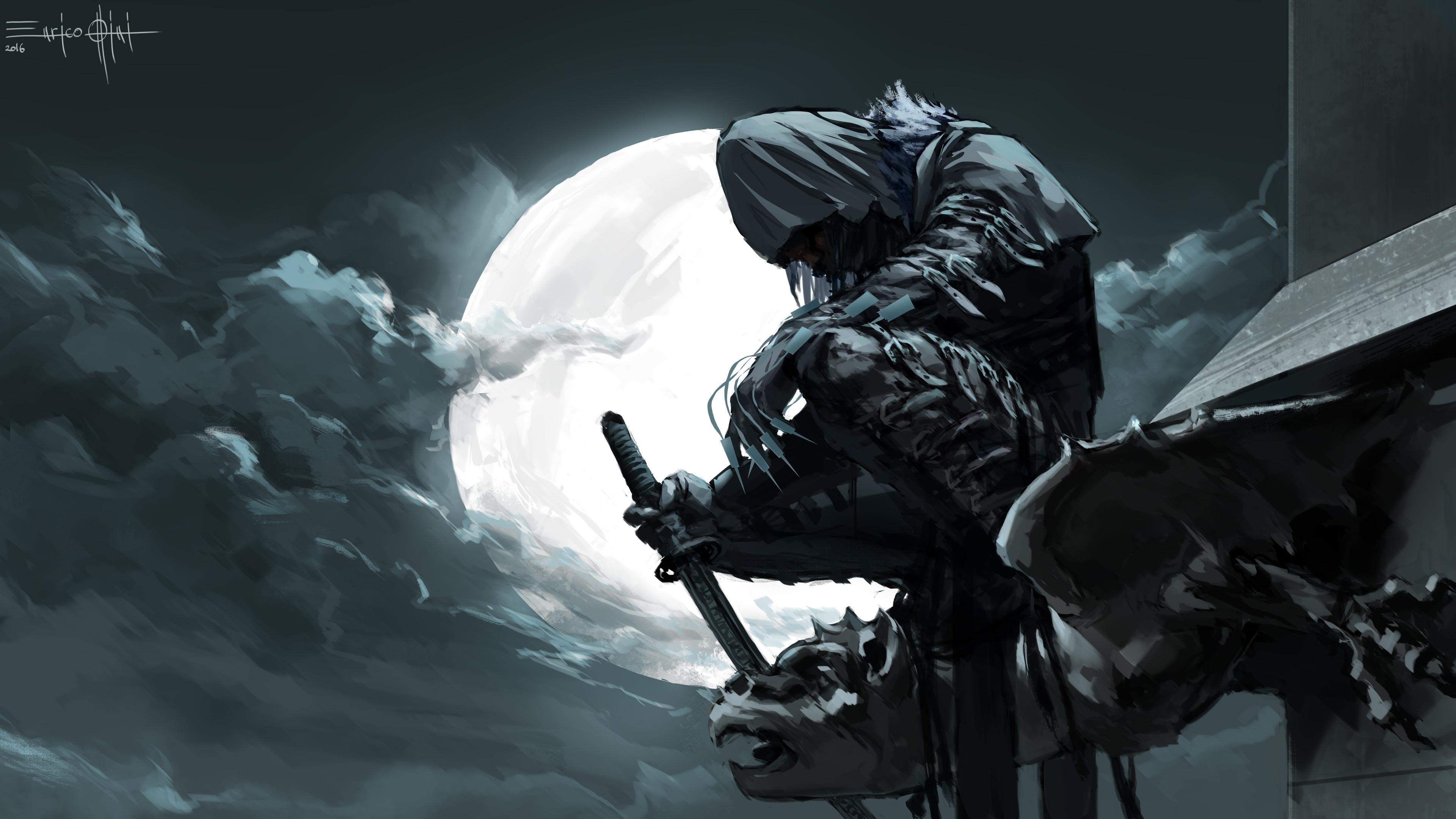 Download mobile wallpaper Fantasy, Moon, Warrior, Ninja for free.