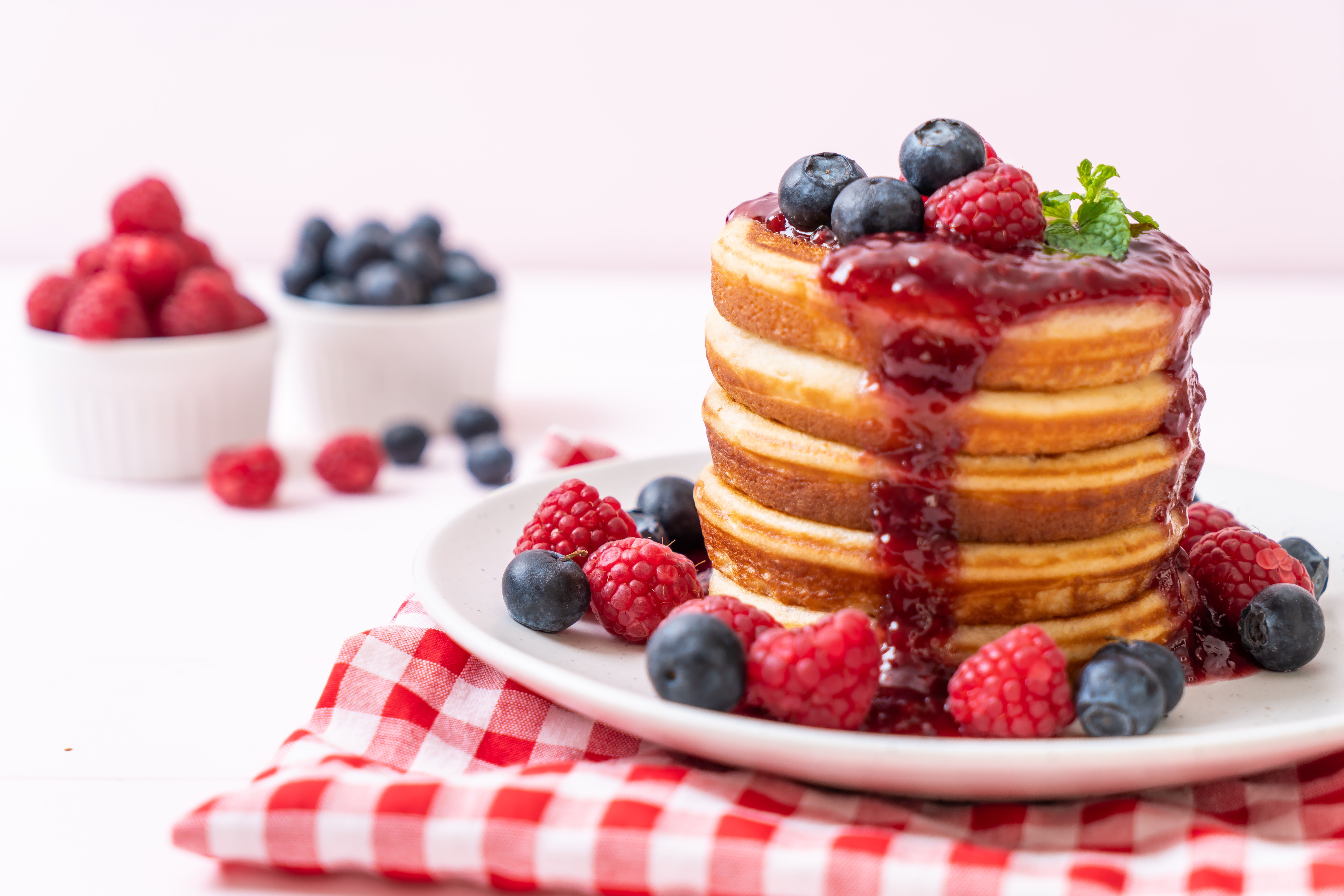 Download mobile wallpaper Food, Blueberry, Raspberry, Still Life, Berry, Fruit, Jam, Breakfast, Pancake for free.