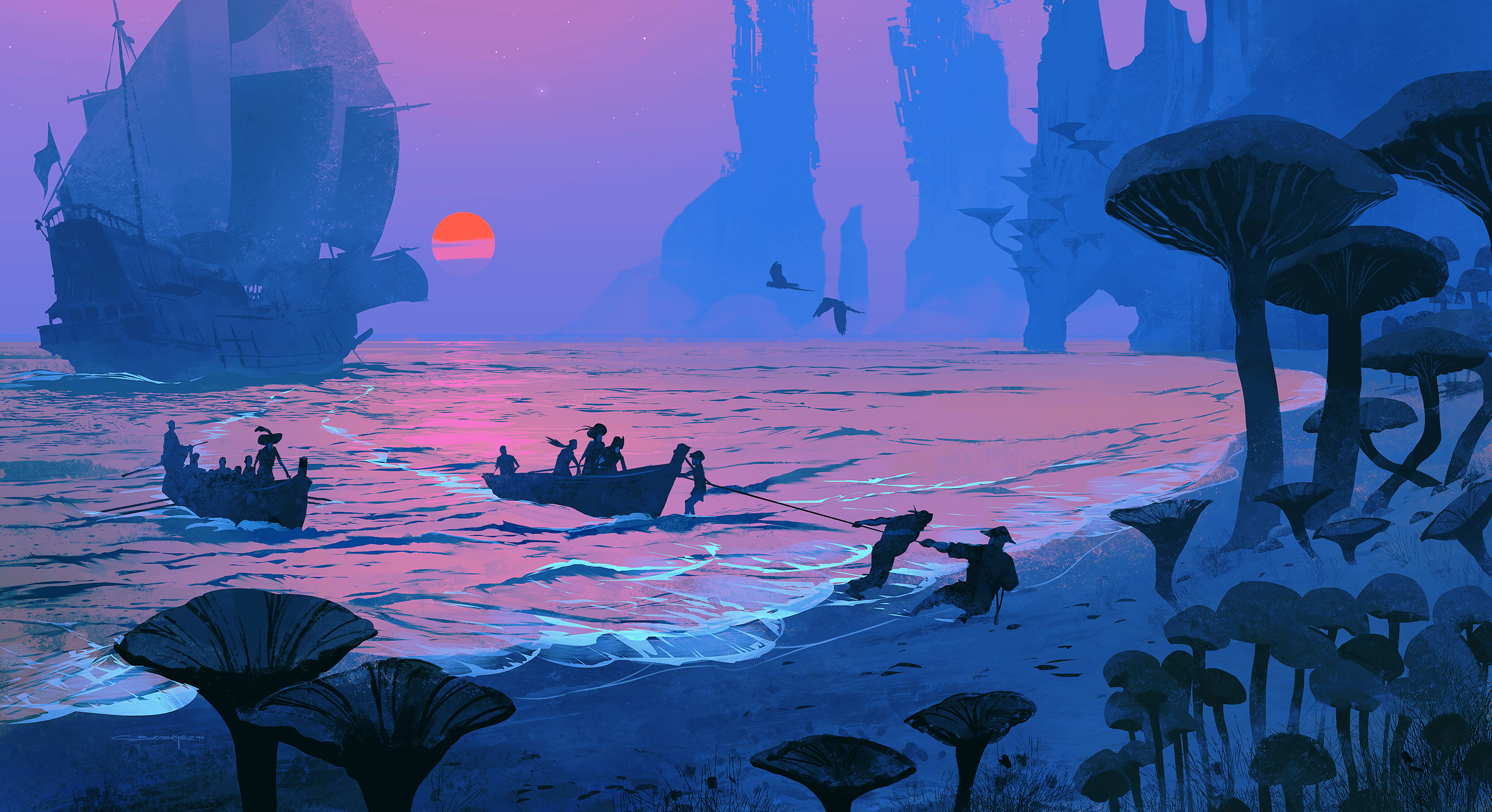 Download mobile wallpaper Fantasy, Sea, Night, Boat, Island, Ship for free.
