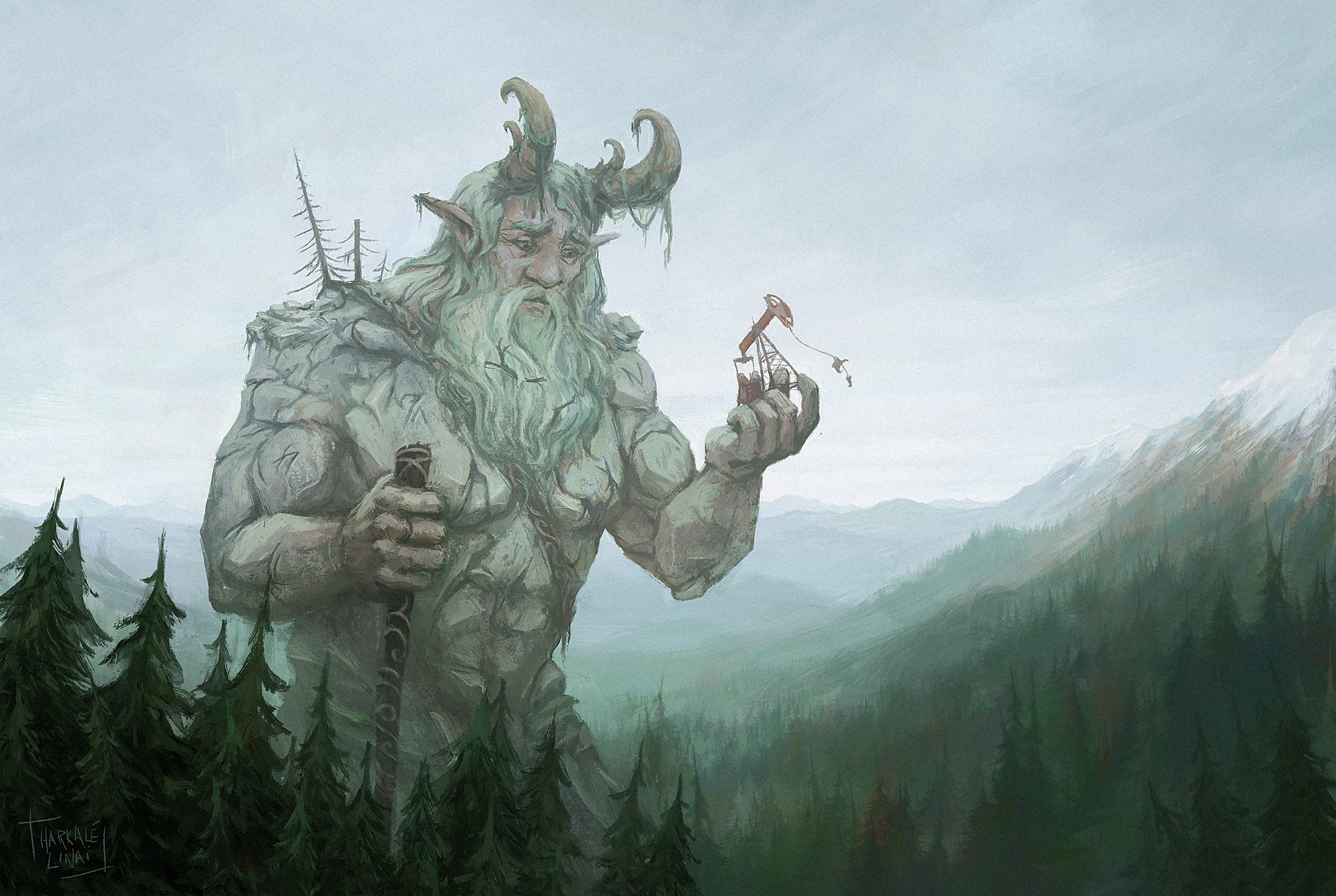 Download mobile wallpaper Landscape, Fantasy, Forest, Creature, Horns, Giant for free.