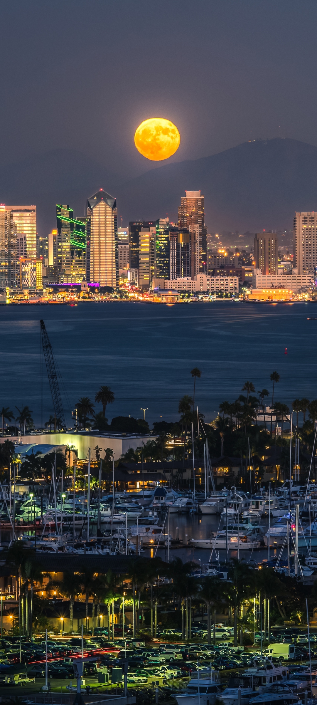 Download mobile wallpaper Cities, Night, Moon, Usa, City, Building, Harbor, San Diego, Man Made for free.
