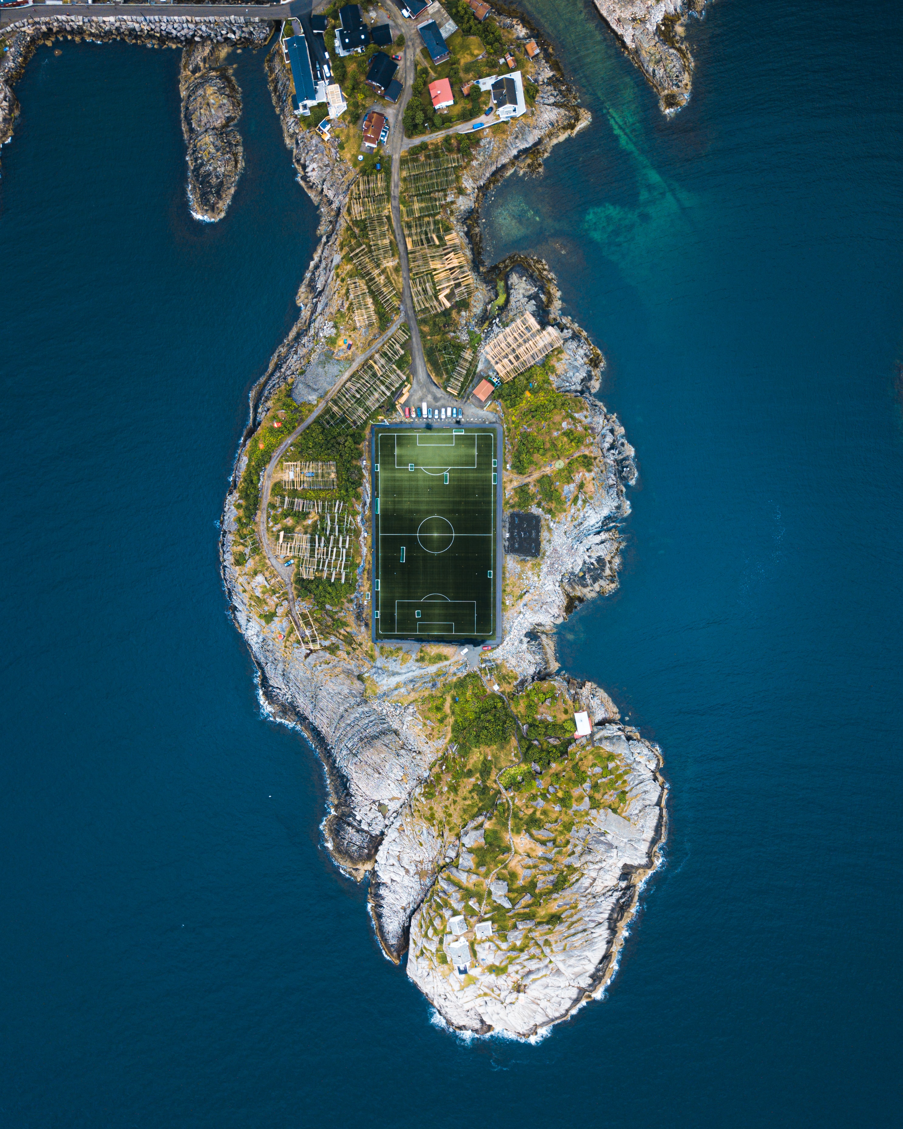 stadium, sea, island, nature, city, view from above