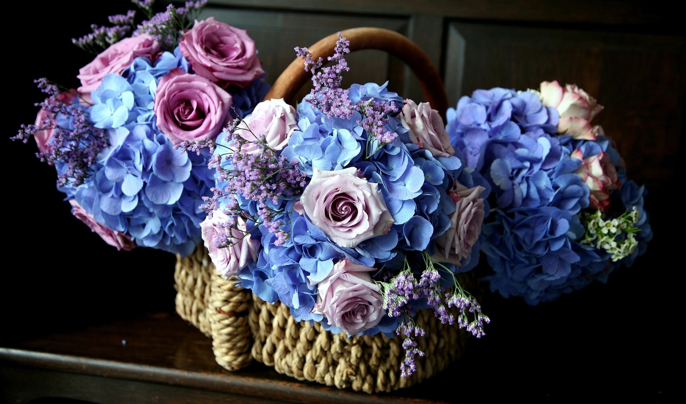hydrangea, flowers, beauty, roses, bouquets, basket