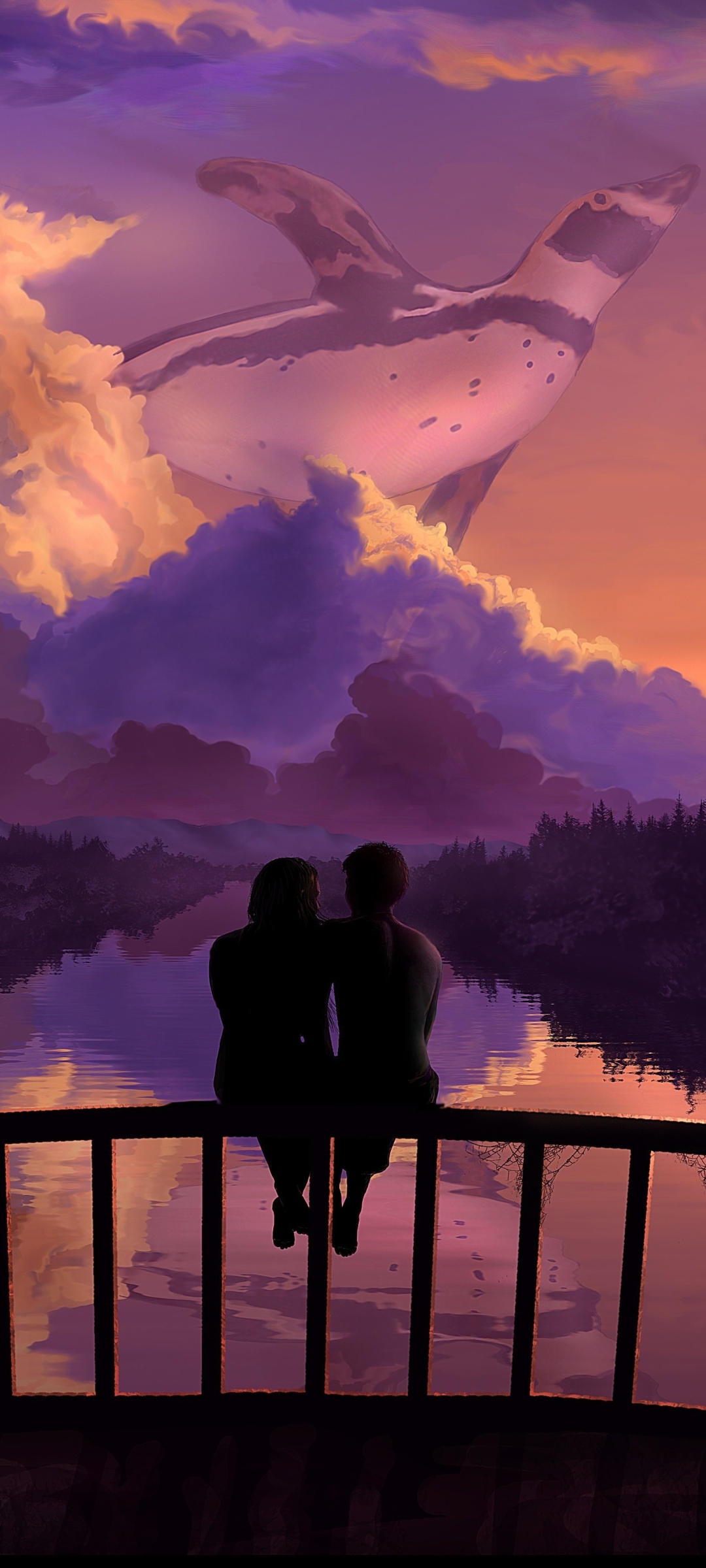 Download mobile wallpaper Fantasy, Couple, Artistic, Cloud, Penguin for free.