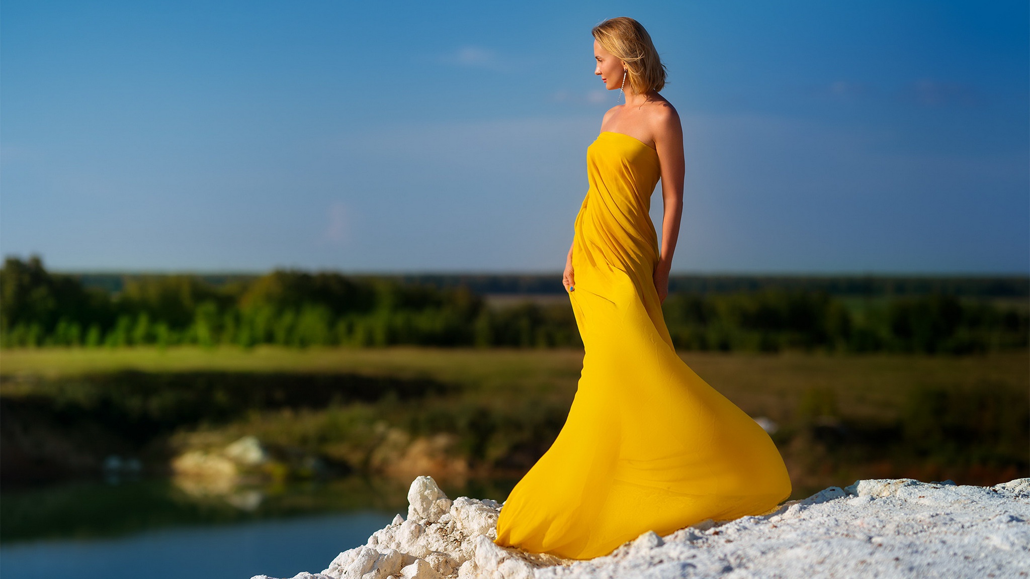 Download mobile wallpaper Model, Women, Yellow Dress for free.