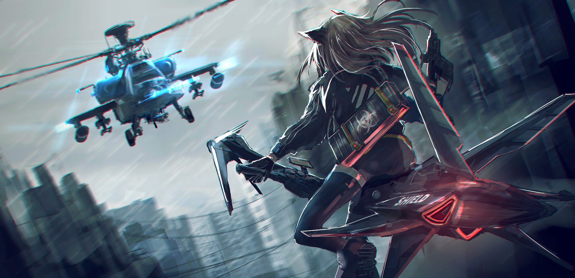 Free download wallpaper Anime, Light, Helicopter, Original, Vehicle, Thigh Highs, Nekomimi on your PC desktop