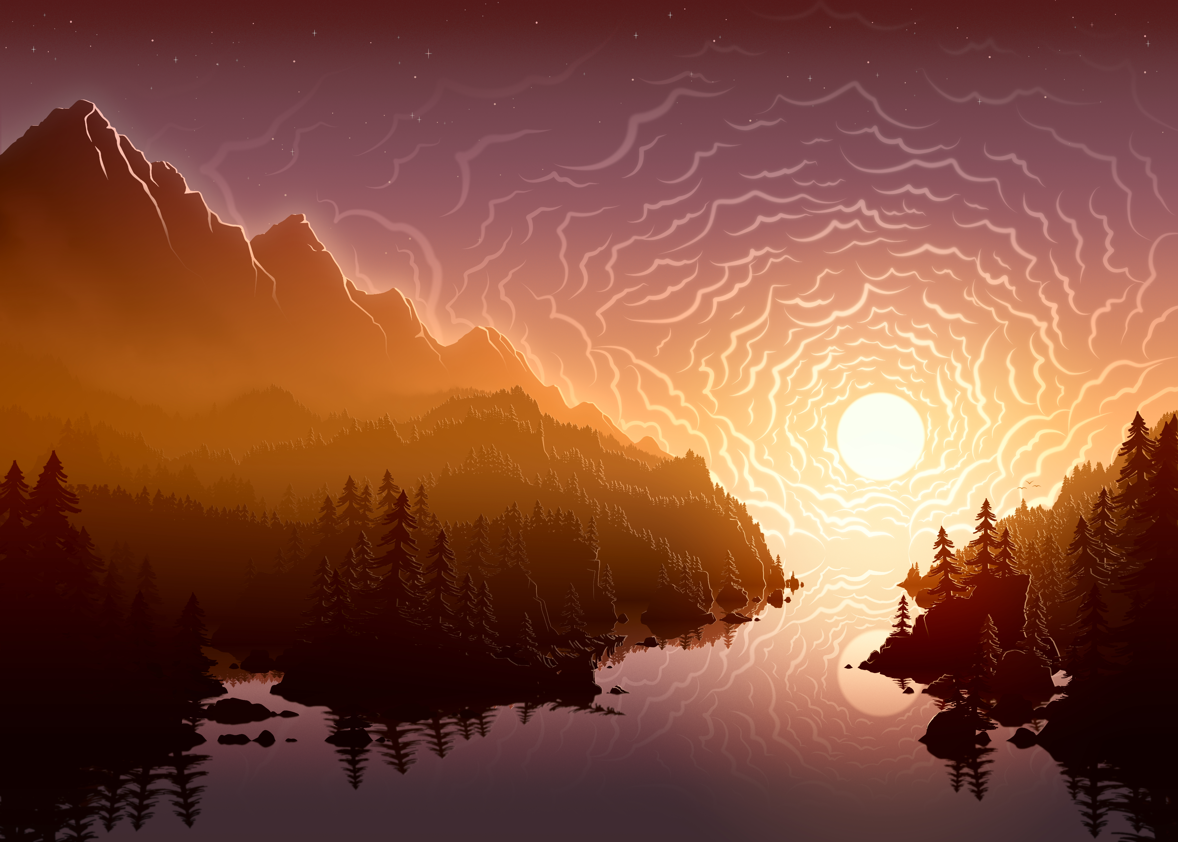 Free download wallpaper Landscape, Fantasy, Sun, Mountain, Forest, River on your PC desktop