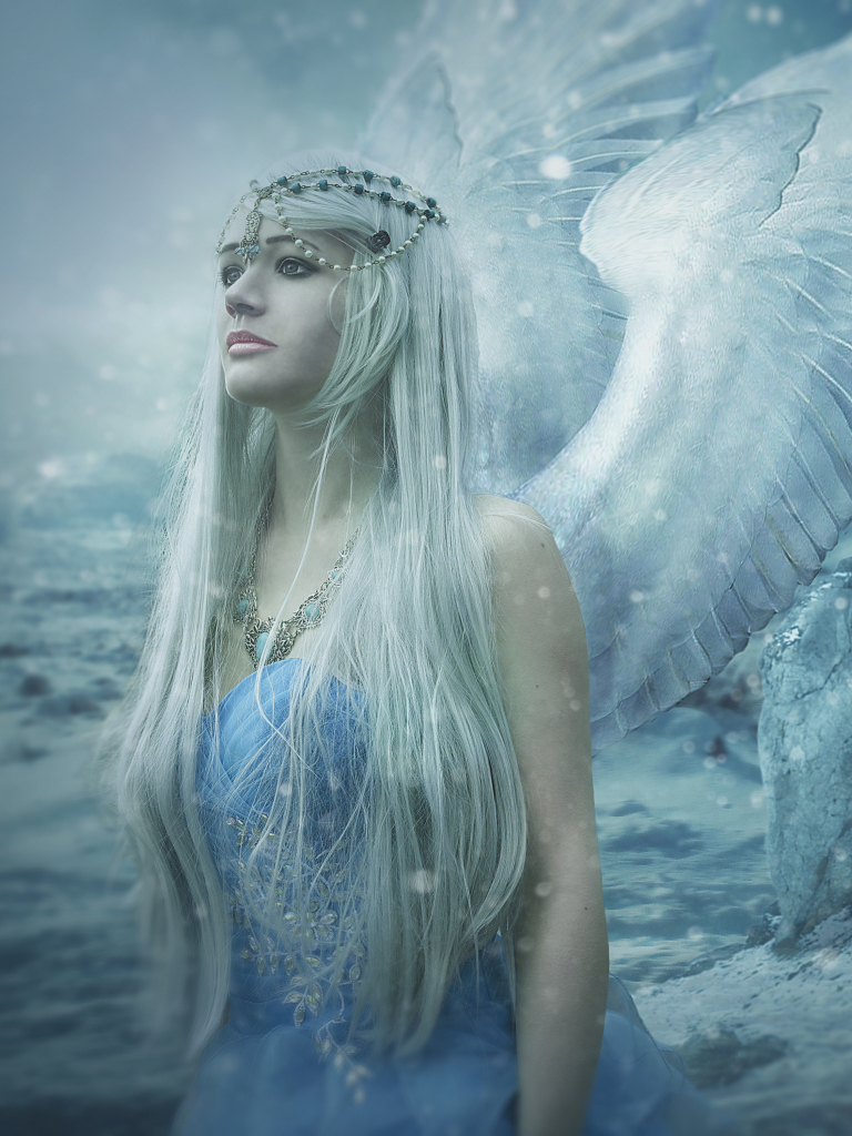 Download mobile wallpaper Winter, Fantasy, Snow, Angel, Long Hair, White Hair for free.