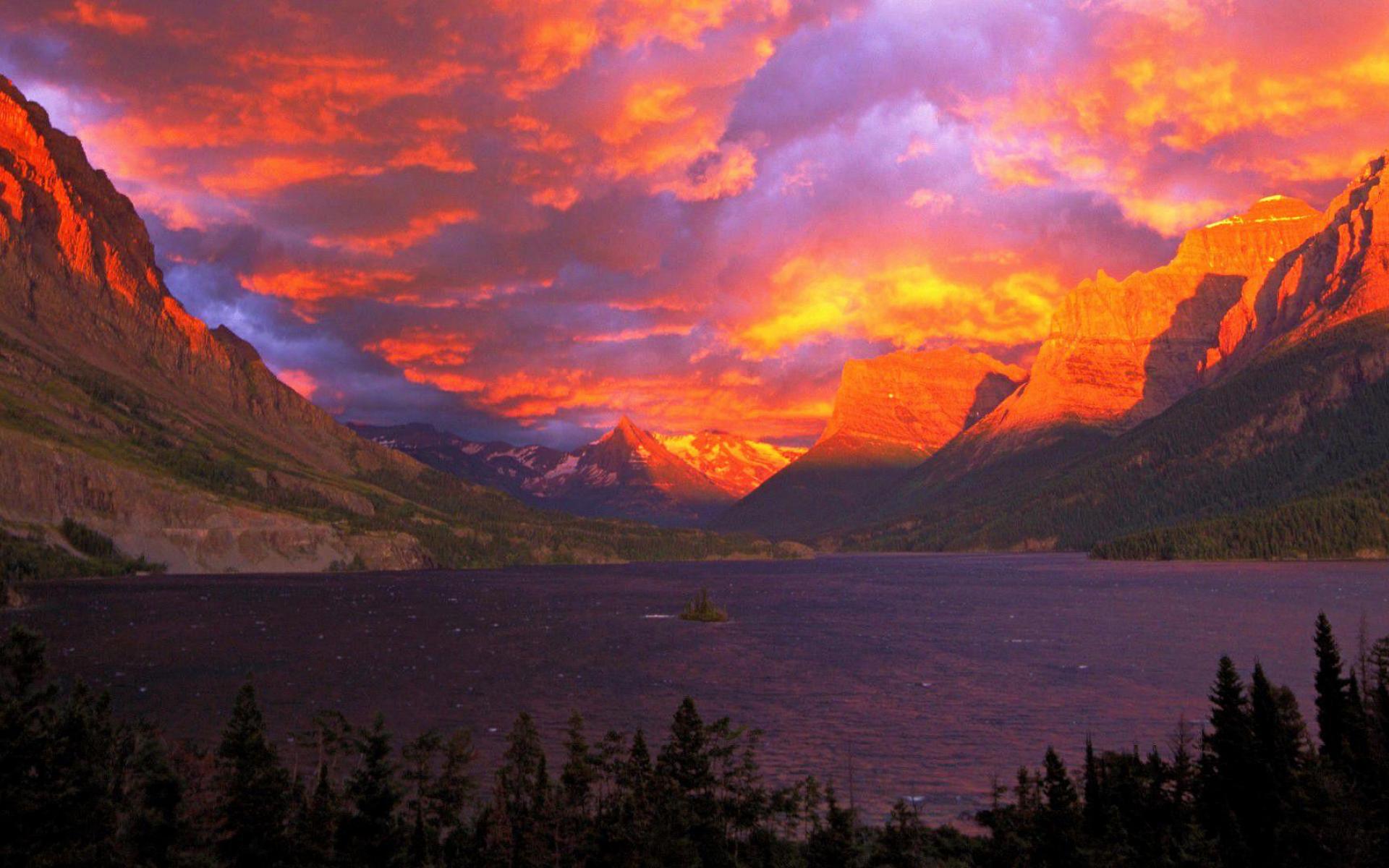alberta, sunset, earth, lake, canada, cloud, glacier national park, landscape, mountain, orange (color), purple, sky, lakes