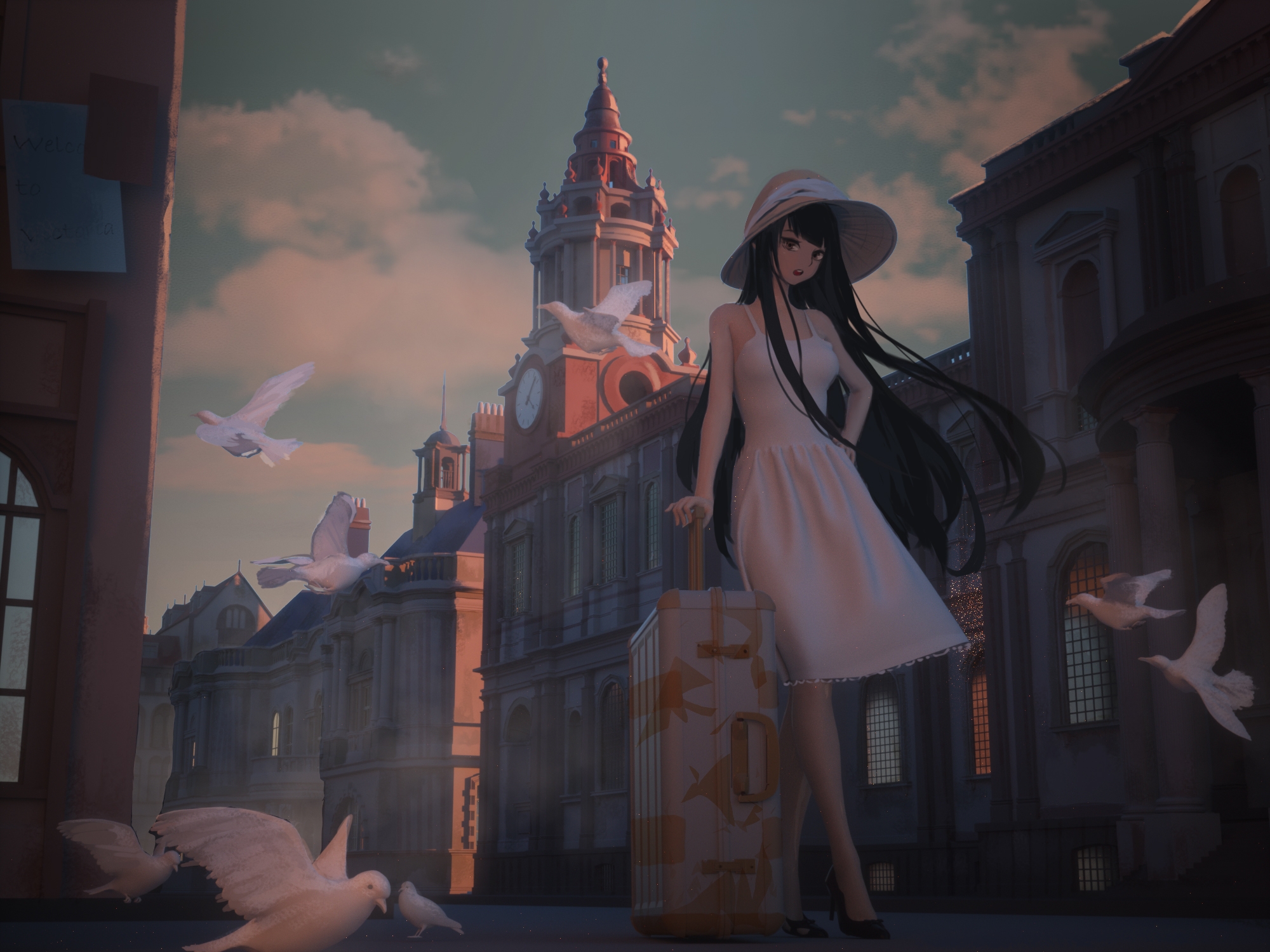 Download mobile wallpaper Anime, City, Bird, Hat, Original, White Dress for free.