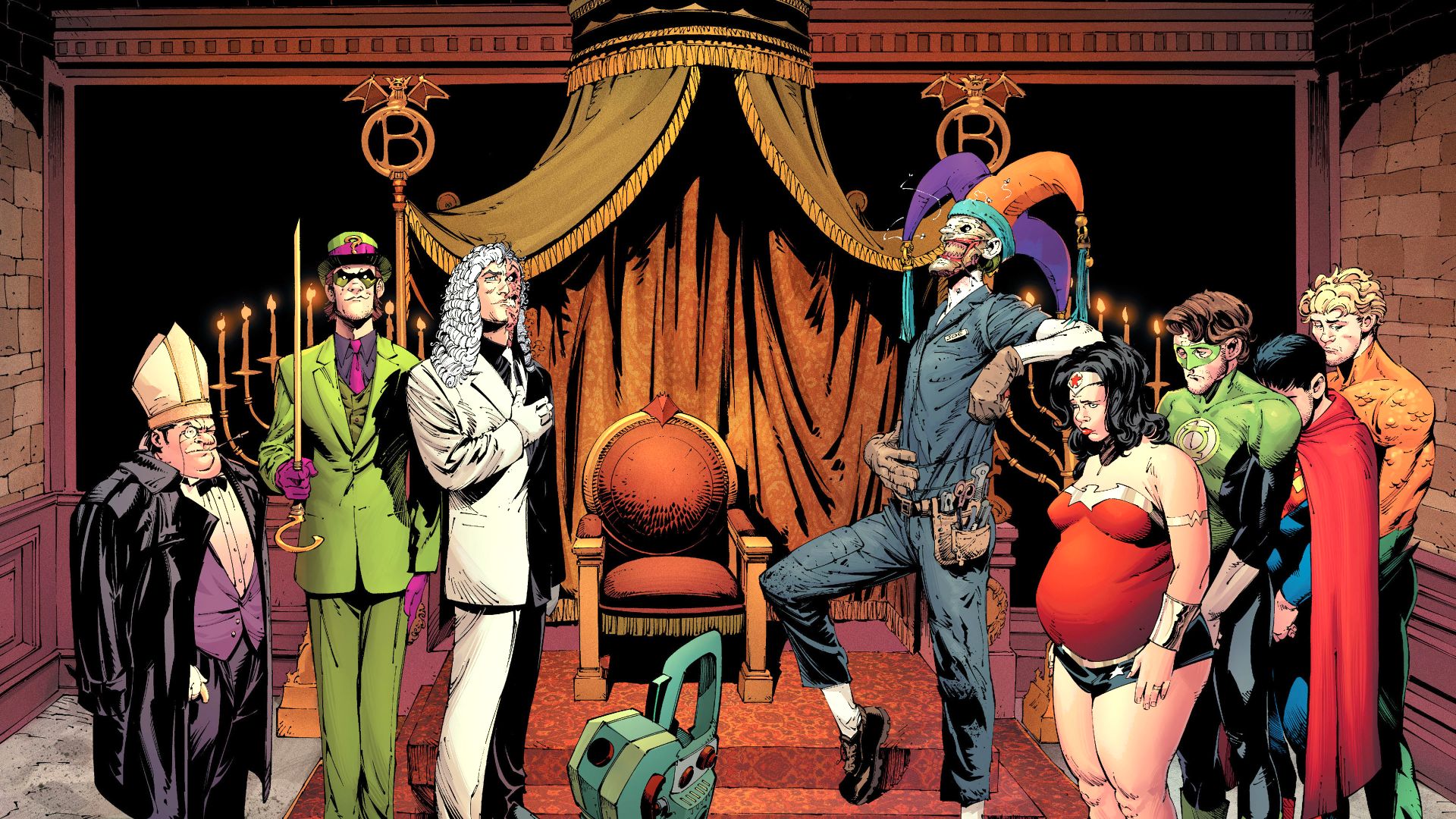 Handy-Wallpaper Joker, Comics, Übermensch, Grüne Laterne, Aquaman, Wonderwoman, Zwei Gesichter, Pinguin (Dc Comics), Riddler (Dc Comics), Tod Der Familie kostenlos herunterladen.