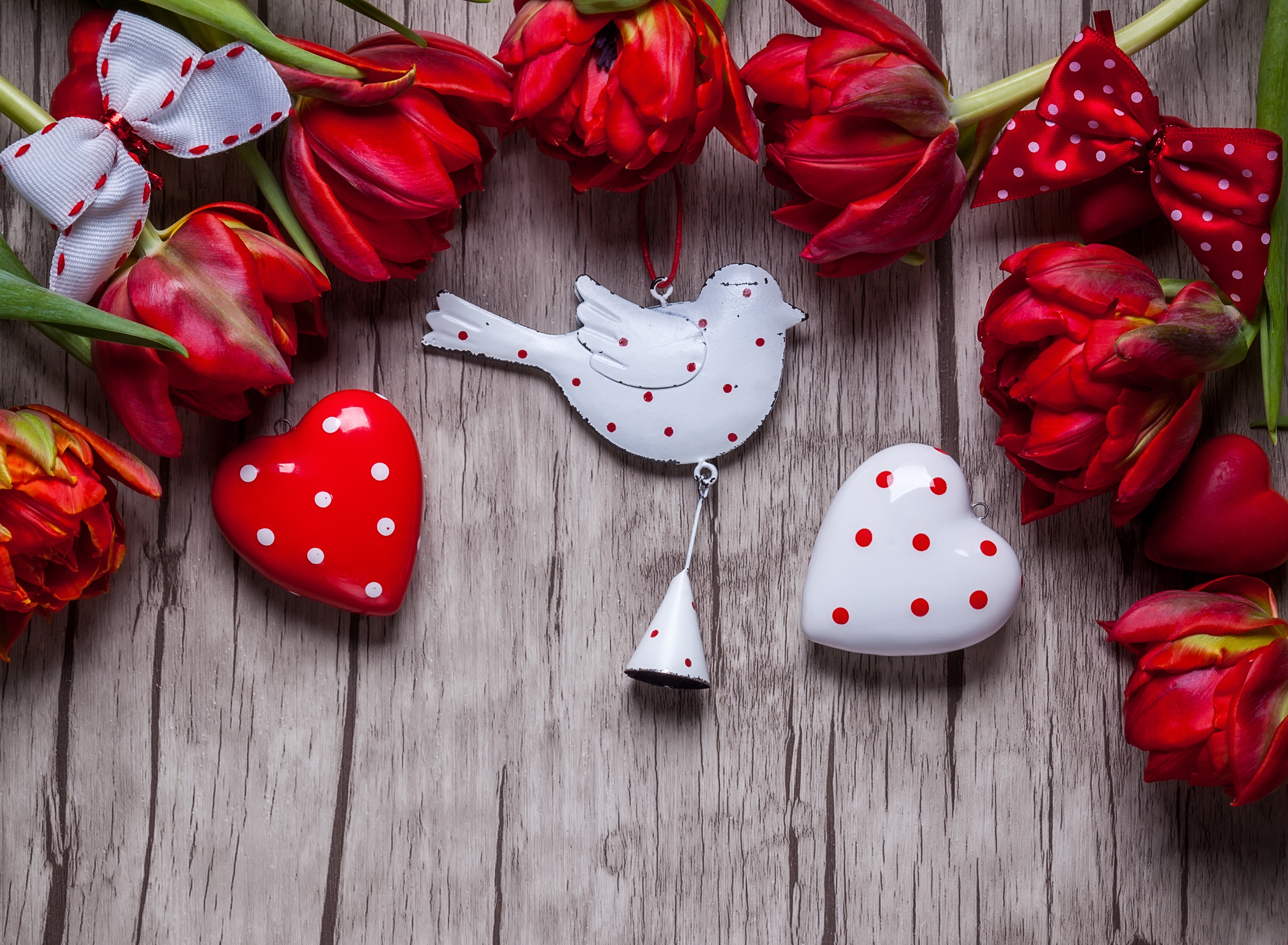 Free download wallpaper Valentine's Day, Bird, Holiday, Heart, Tulip, Red Flower on your PC desktop