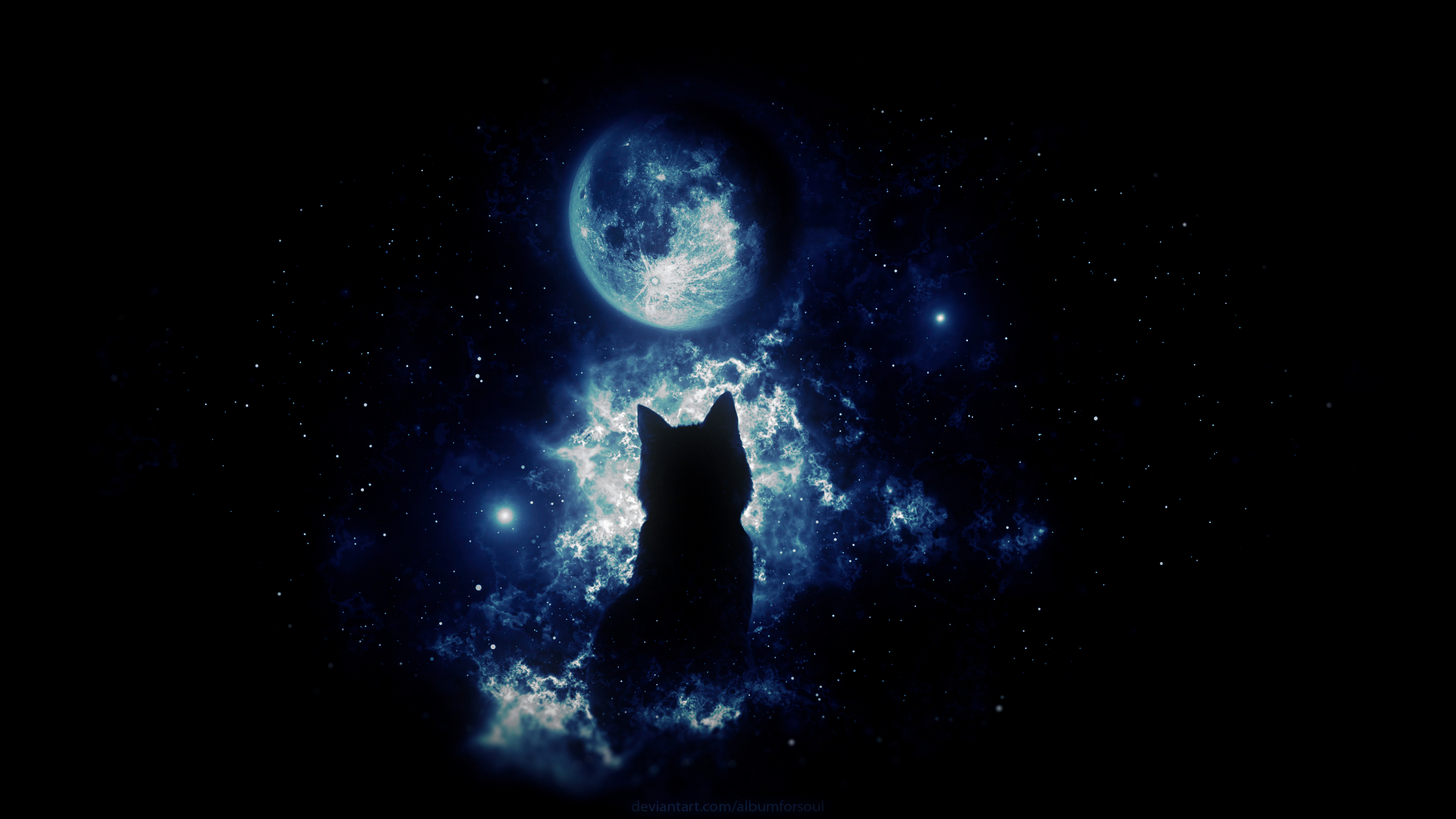 61068 скачать обои силуэт, кот, темные, луна, фантазия, арт, звездное небо - заставки и картинки бесплатно