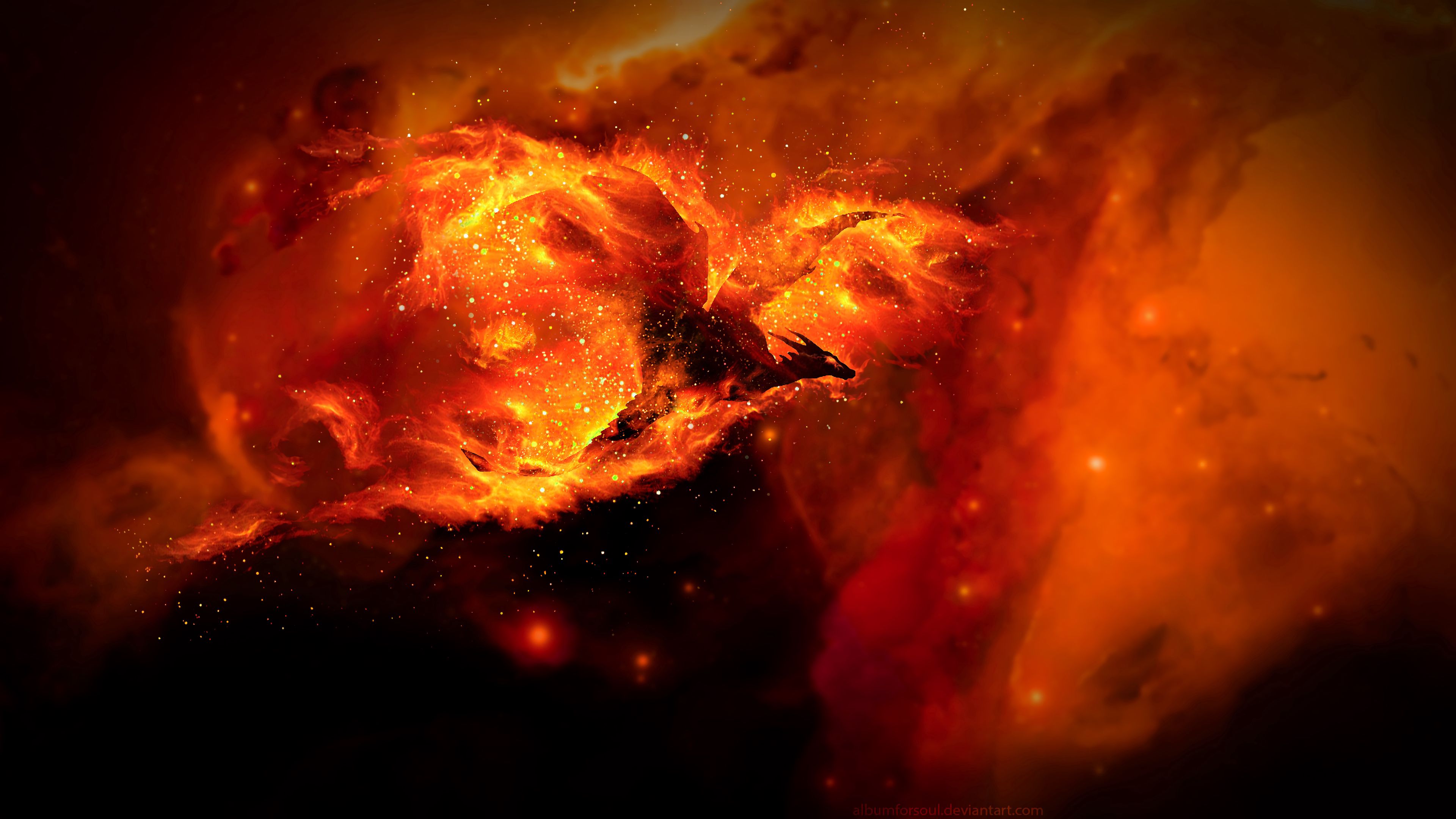 bright, fire, dragon, art, dark, flame, sparks HD wallpaper
