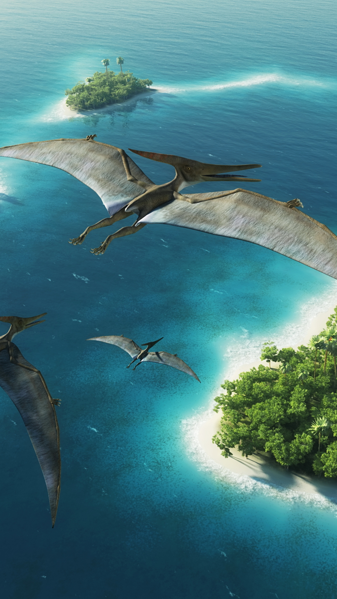 Download mobile wallpaper Water, Sea, Dinosaurs, Animal, Island, Dinosaur, Pteranodon for free.