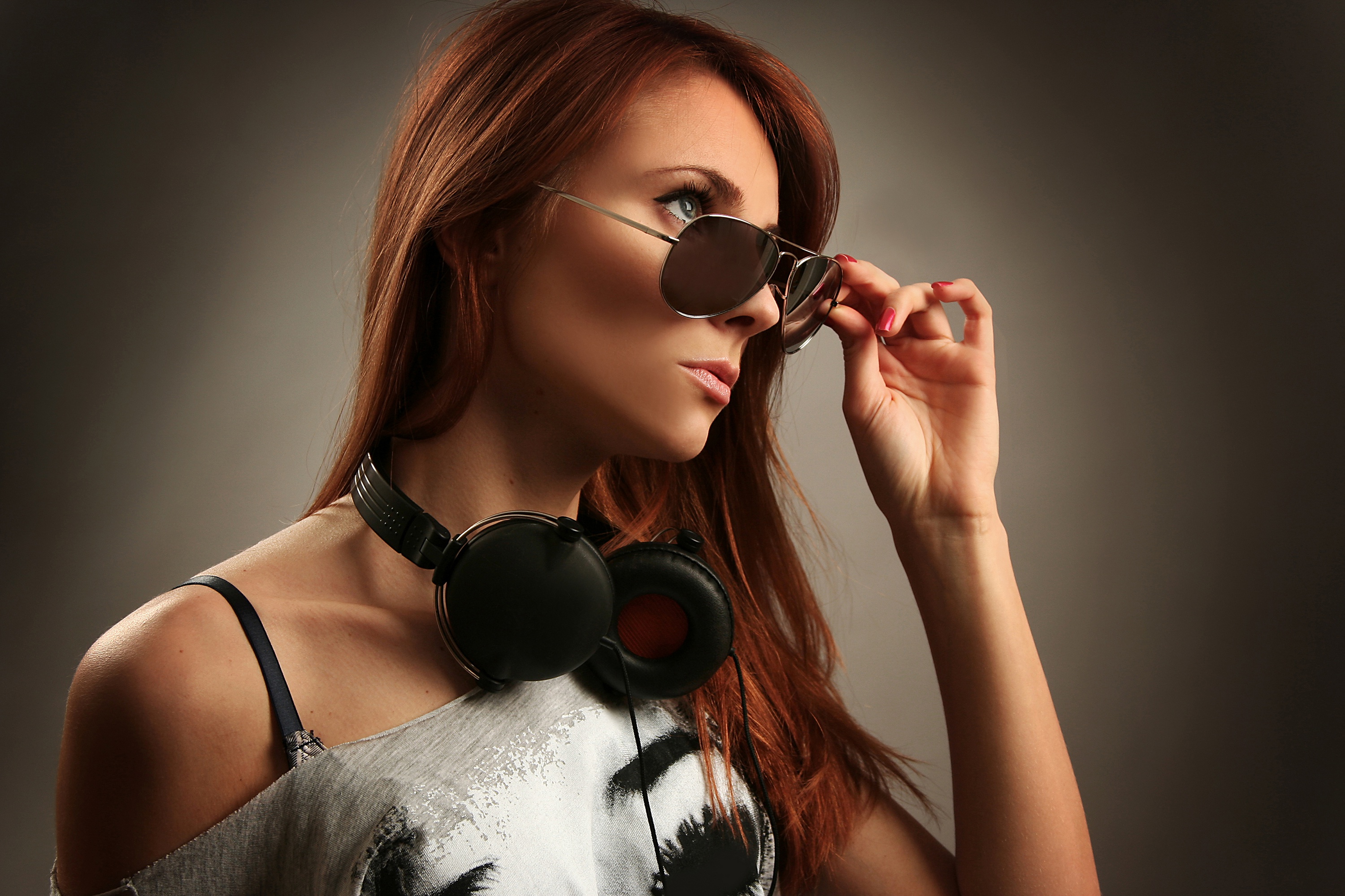 Download mobile wallpaper Headphones, Redhead, Sunglasses, Model, Women for free.