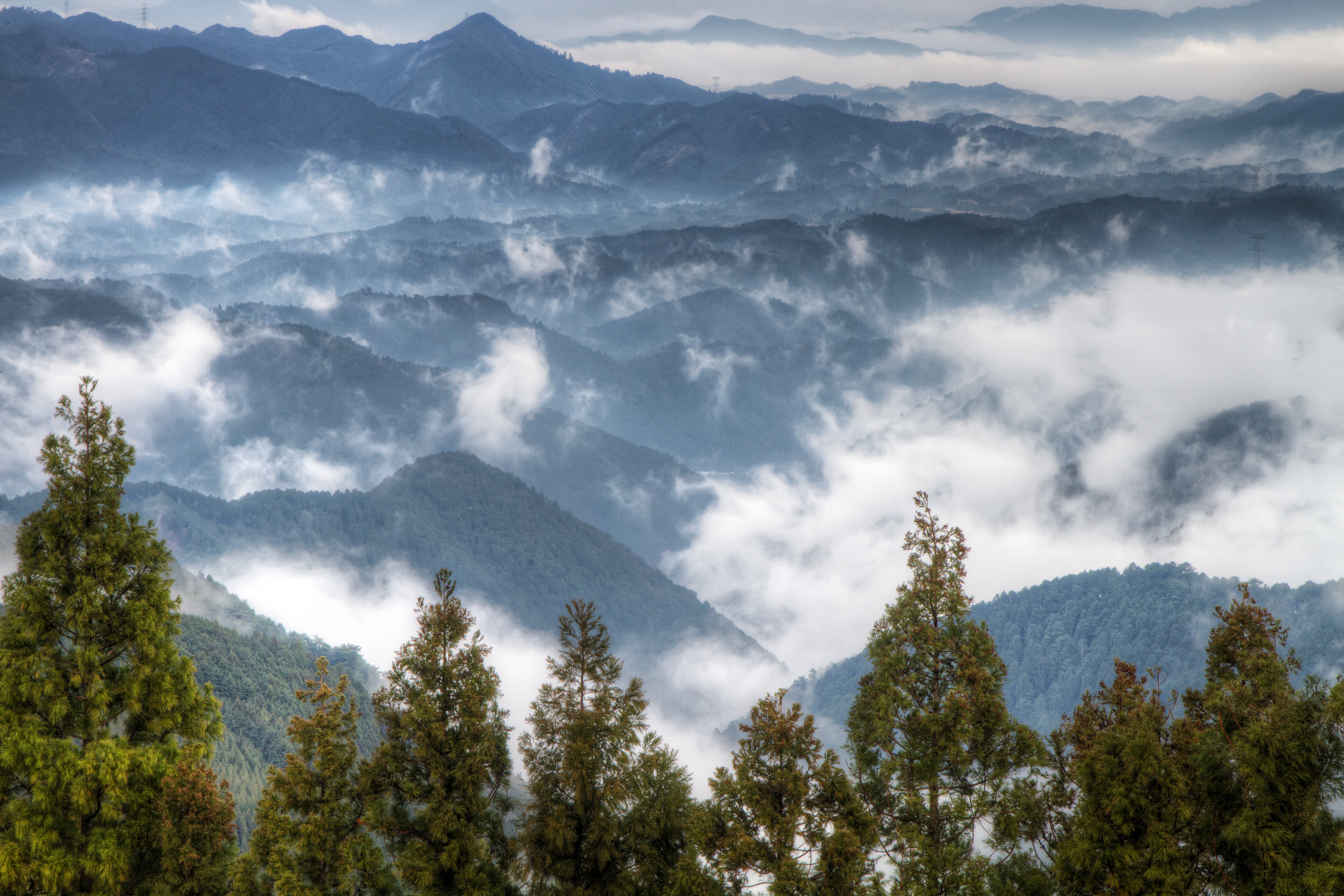 Laden Sie das Landschaft, Nebel, Gebirge, Japan, Frühling, Erde/natur-Bild kostenlos auf Ihren PC-Desktop herunter