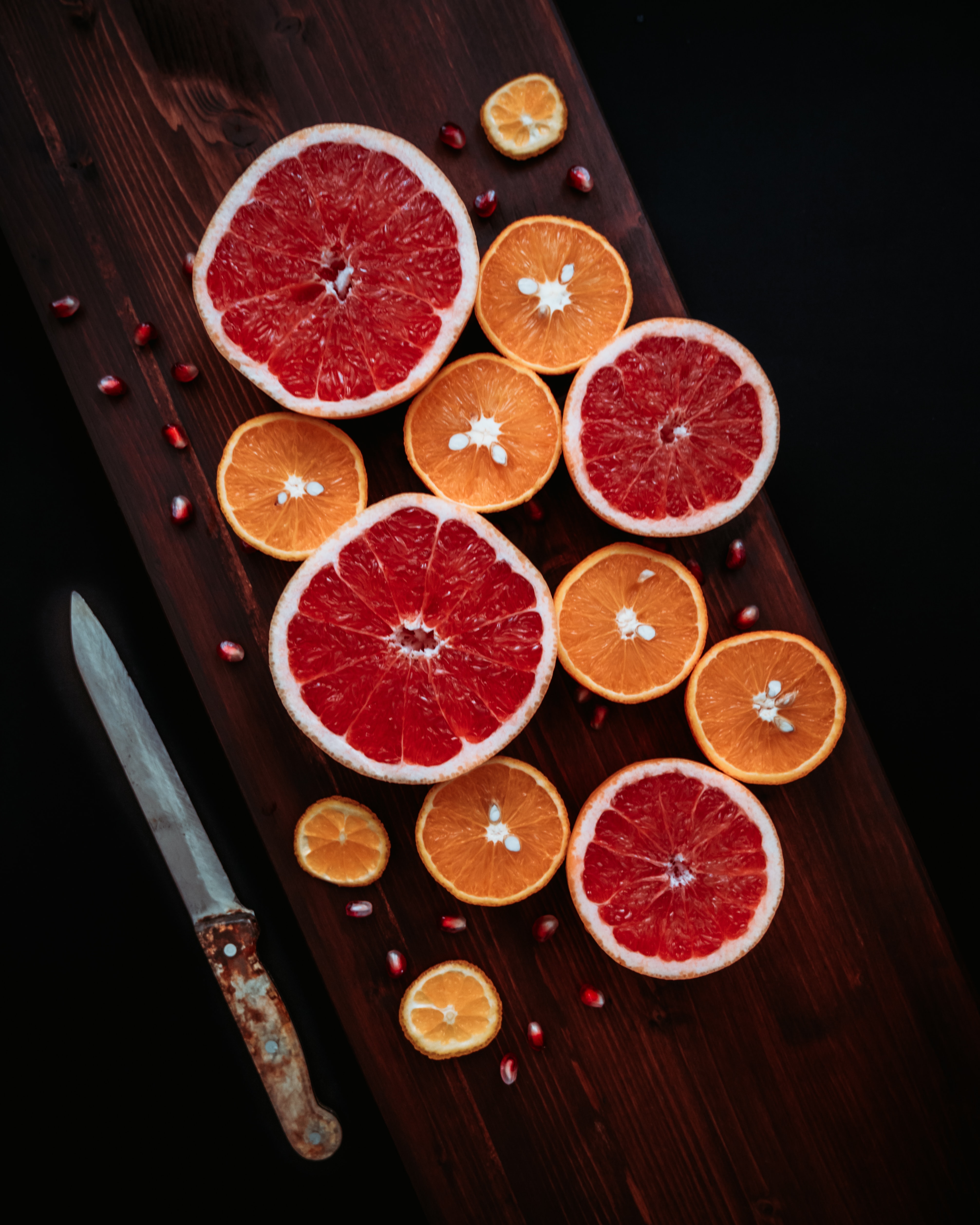101624 скачать обои грейпфрут, гранат, фрукты, дольки, апельсин, еда, оранжевые - заставки и картинки бесплатно