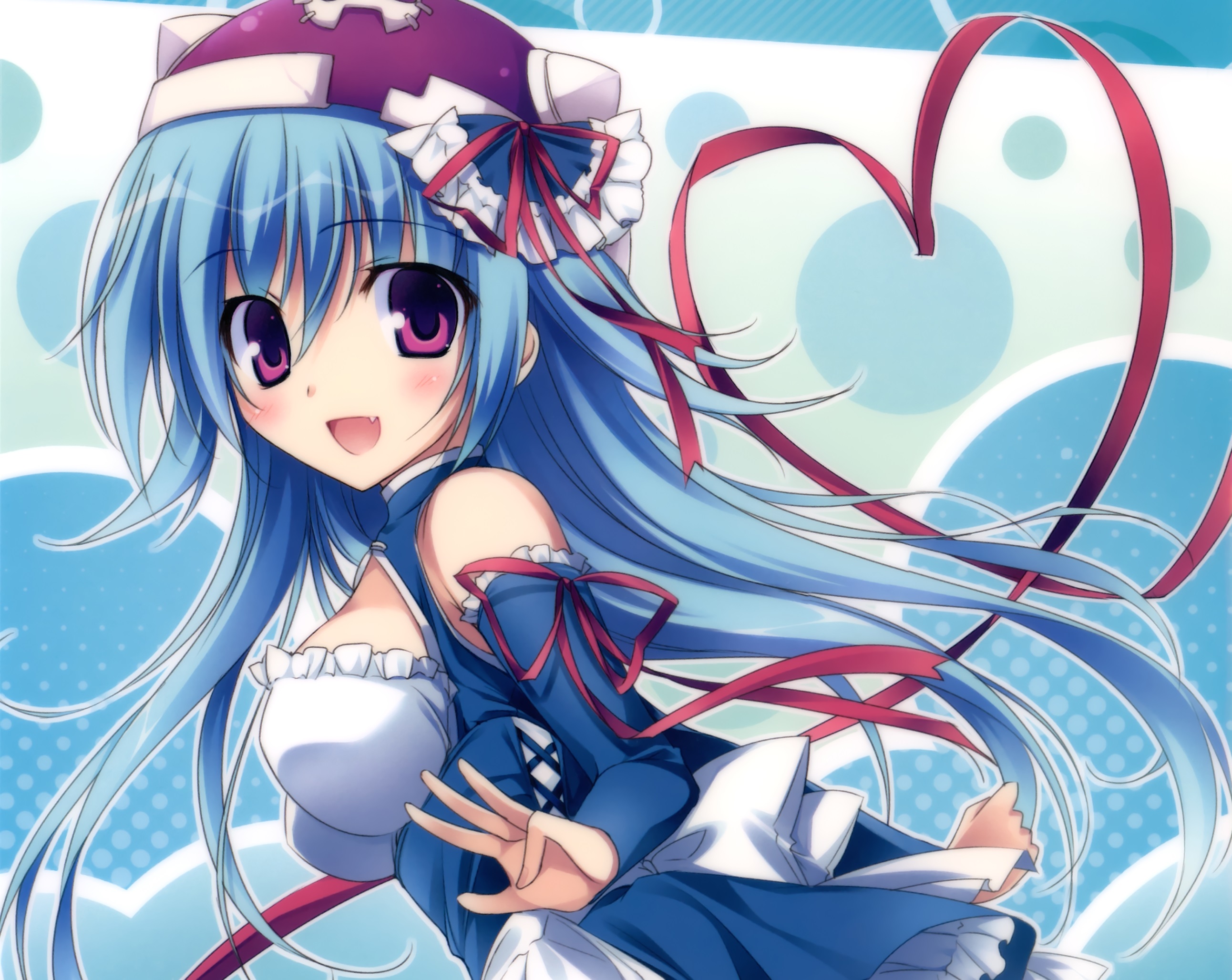 Free download wallpaper Anime, Smile, Heart, Hat, Original, Blush, Blue Hair, Long Hair, Pink Eyes, Apron on your PC desktop