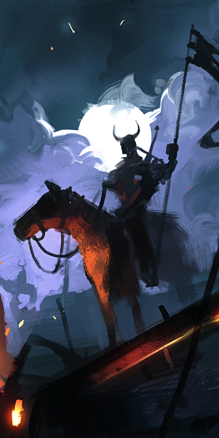 Download mobile wallpaper Fantasy, Night, Moon, Warrior, Horse, Banner for free.