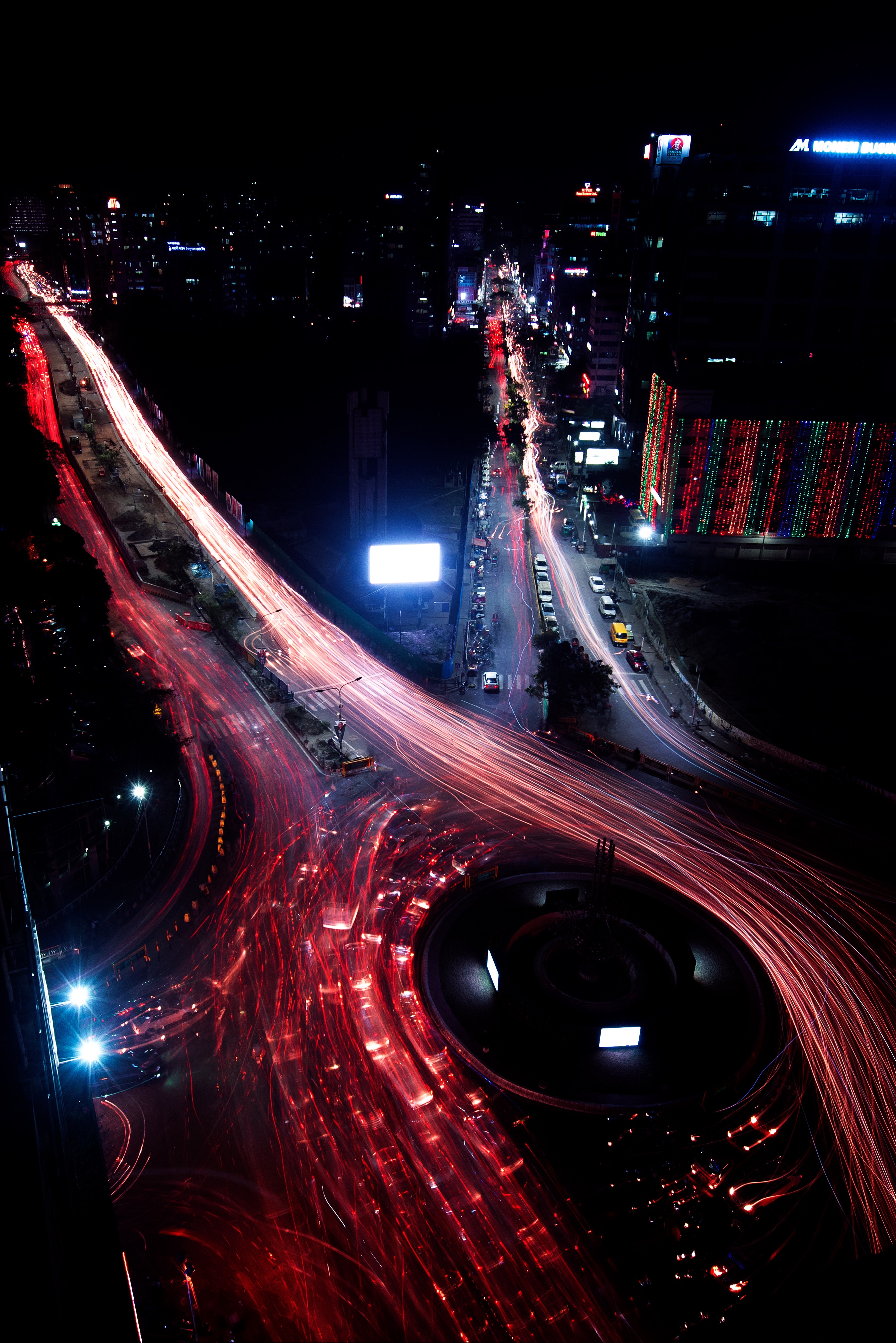roads, night, cities, view from above, night city, long term exposure HD wallpaper