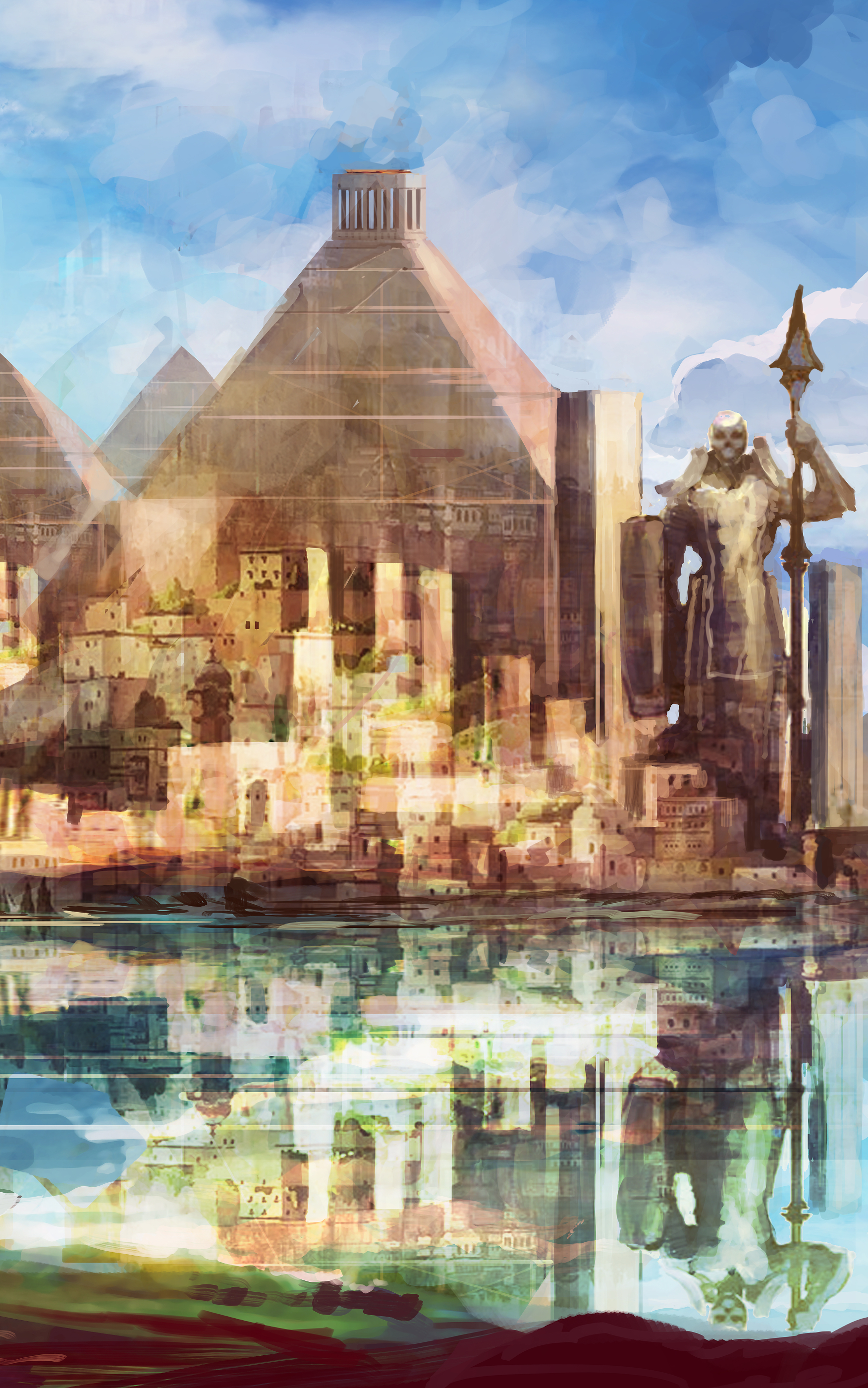 Download mobile wallpaper Fantasy, City, Lake, Reflection, Statue, Pyramid for free.