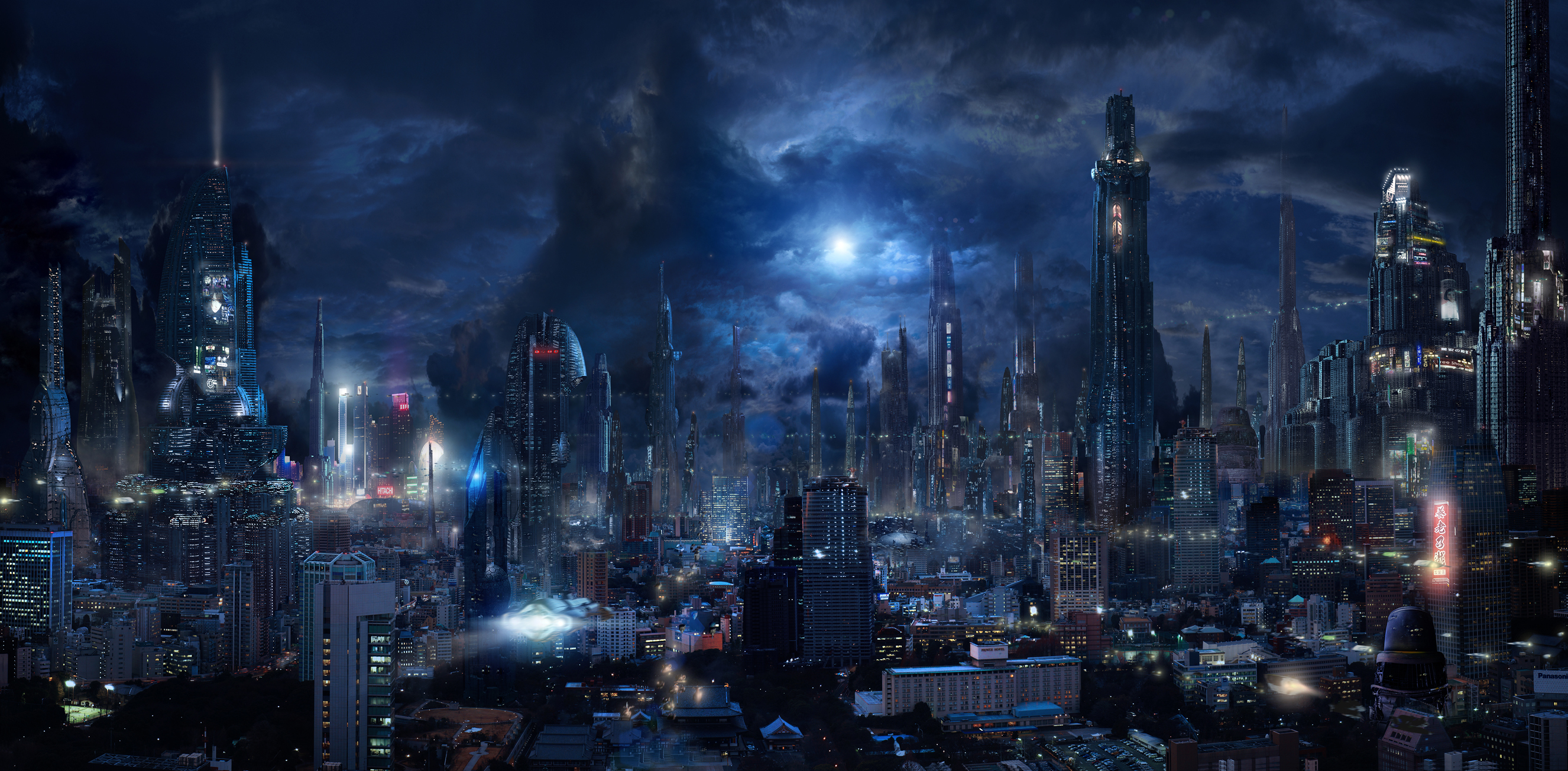 futuristic city, cityscape, skyscraper, night, sci fi, city, building